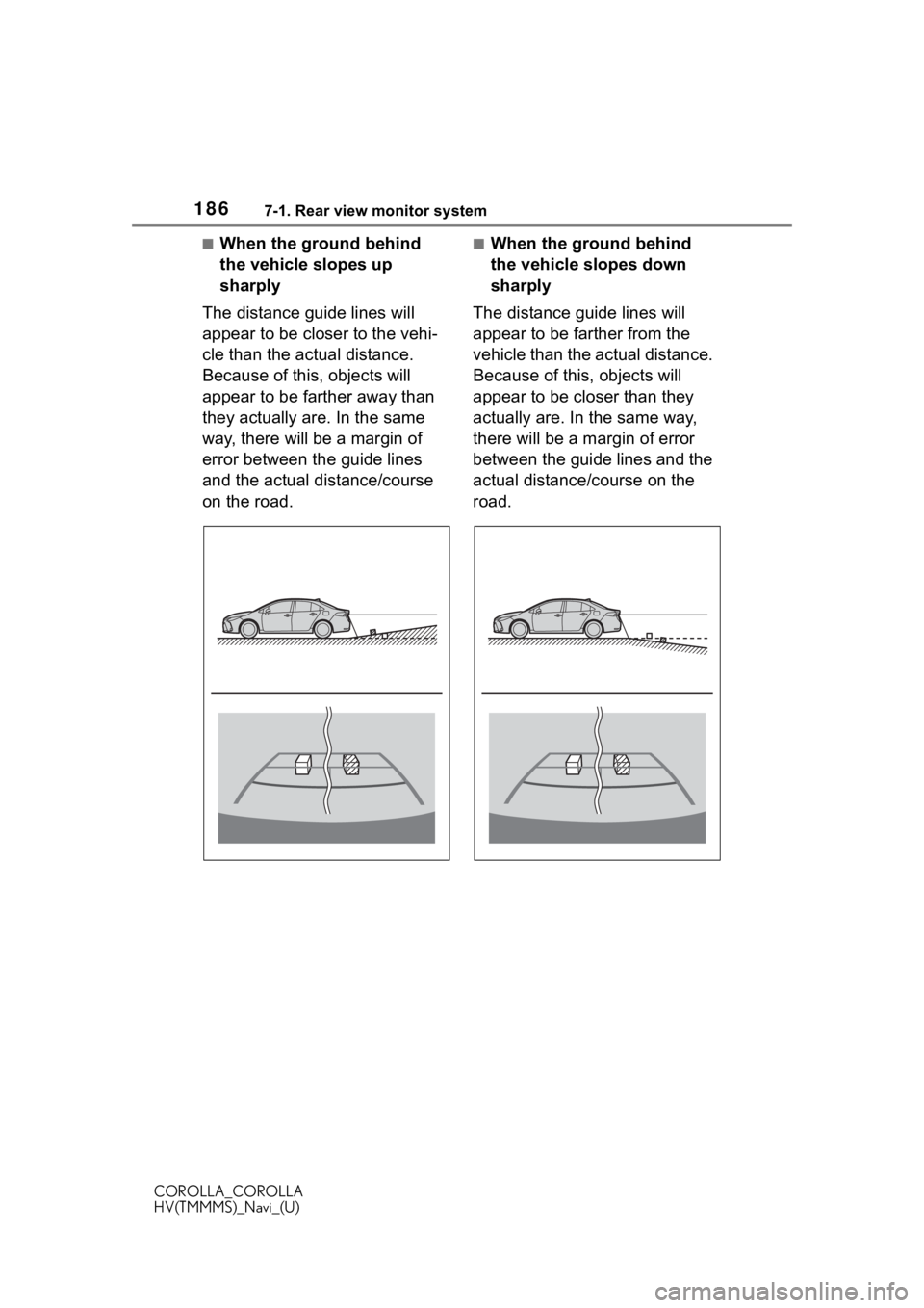 TOYOTA COROLLA HYBRID 2021  Accessories, Audio & Navigation (in English) 1867-1. Rear view monitor system
COROLLA_COROLLA
HV(TMMMS)_Navi_(U)
■When the ground behind 
the vehicle slopes up 
sharply
The distance guide lines will 
appear to be closer to the vehi-
cle than t