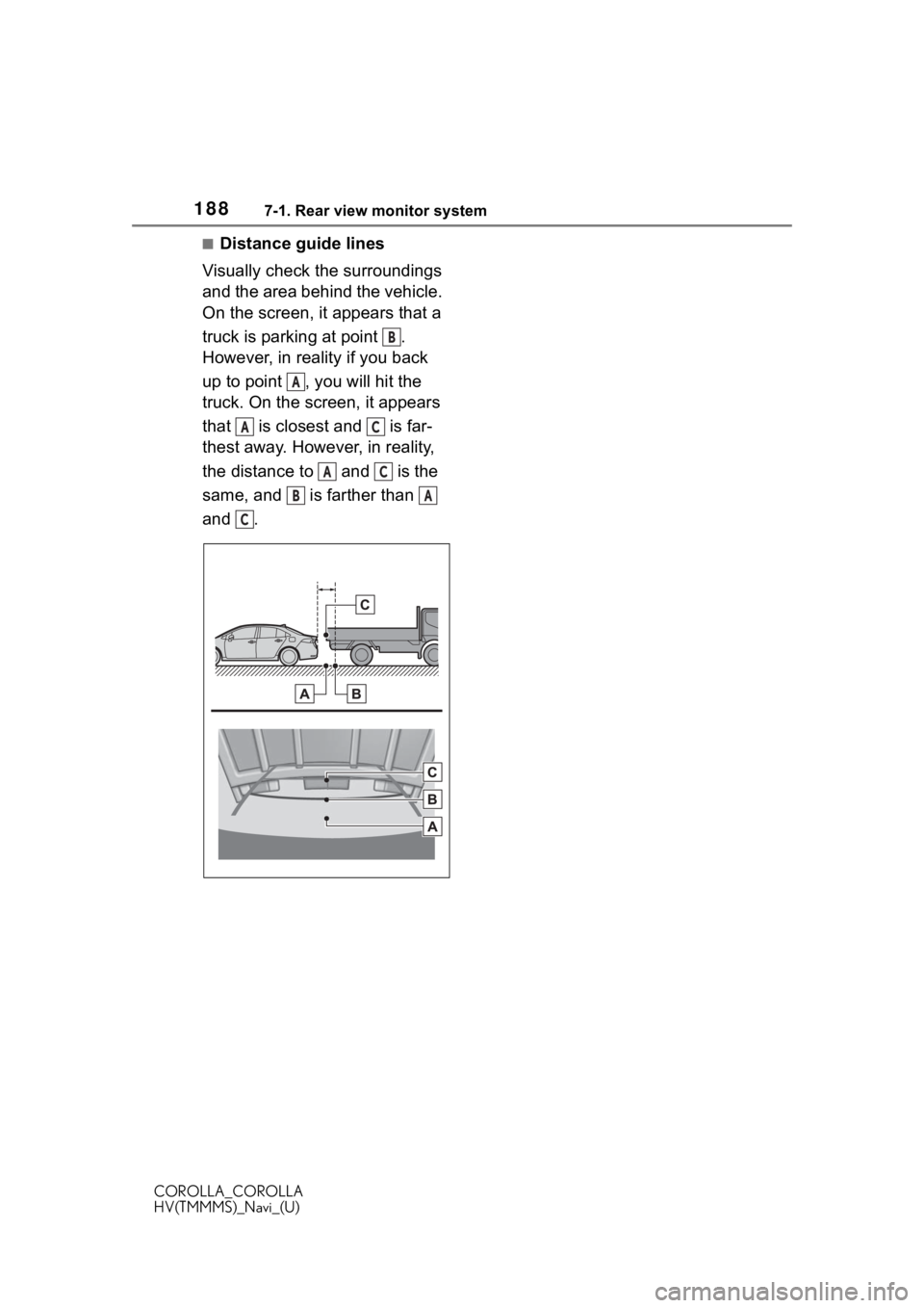 TOYOTA COROLLA HYBRID 2021  Accessories, Audio & Navigation (in English) 1887-1. Rear view monitor system
COROLLA_COROLLA
HV(TMMMS)_Navi_(U)
■Distance guide lines
Visually check the surroundings 
and the area behind the vehicle. 
On the screen, it appears that a 
truck i