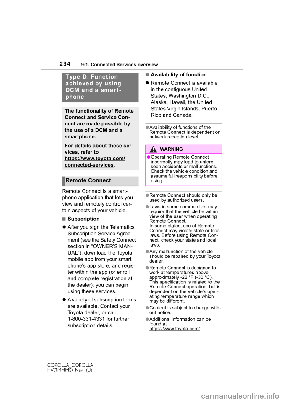 TOYOTA COROLLA HYBRID 2021  Accessories, Audio & Navigation (in English) 2349-1. Connected Services overview
COROLLA_COROLLA
HV(TMMMS)_Navi_(U)
Remote Connect is a smart-
phone application that lets you 
view and remotely control cer-
tain aspects of your vehicle.
■Subsc