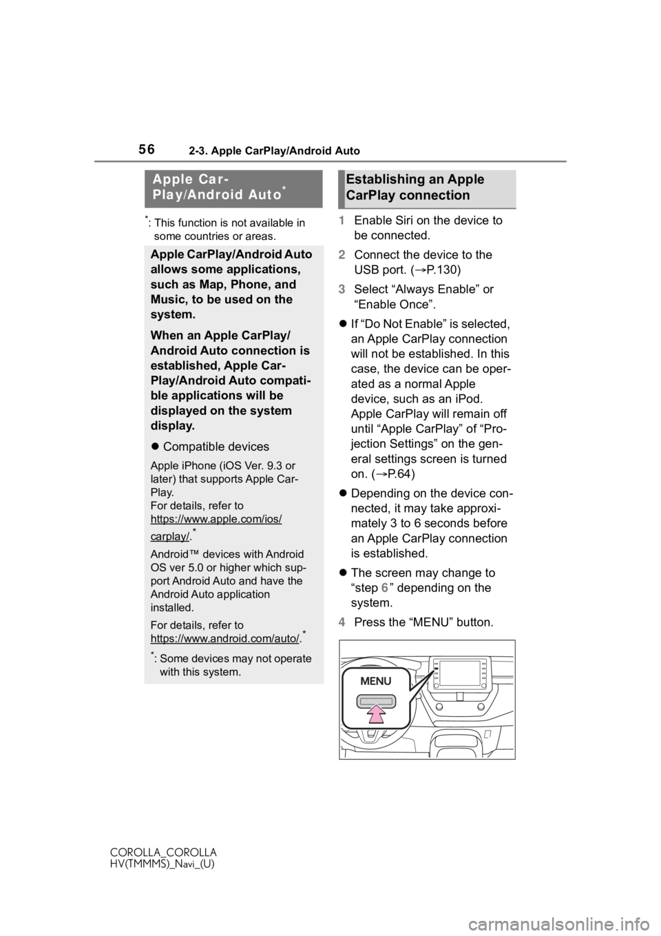 TOYOTA COROLLA HYBRID 2021  Accessories, Audio & Navigation (in English) 562-3. Apple CarPlay/Android Auto
COROLLA_COROLLA
HV(TMMMS)_Navi_(U)
2-3.Apple CarPlay/Android Auto
*: This function is not available in some countries or areas.1 Enable Siri on the device to 
be conn
