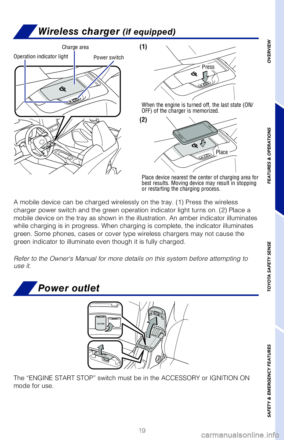 TOYOTA COROLLA HATCHBACK 2019  Owners Manual (in English) 19
OVERVIEW
FEATURES & OPERATIONS
TOYOTA SAFETY SENSE
SAFETY & EMERGENCY FEATURES
Audio
ENTUNE™
 3.0 AUDIO PLUS
ENTUNE™ 3.0 AUDIO
ENTUNE™ 3.0 PREMIUM AUDIO, WITH APP SUITE AND DYNAMIC  
NAVIGATI