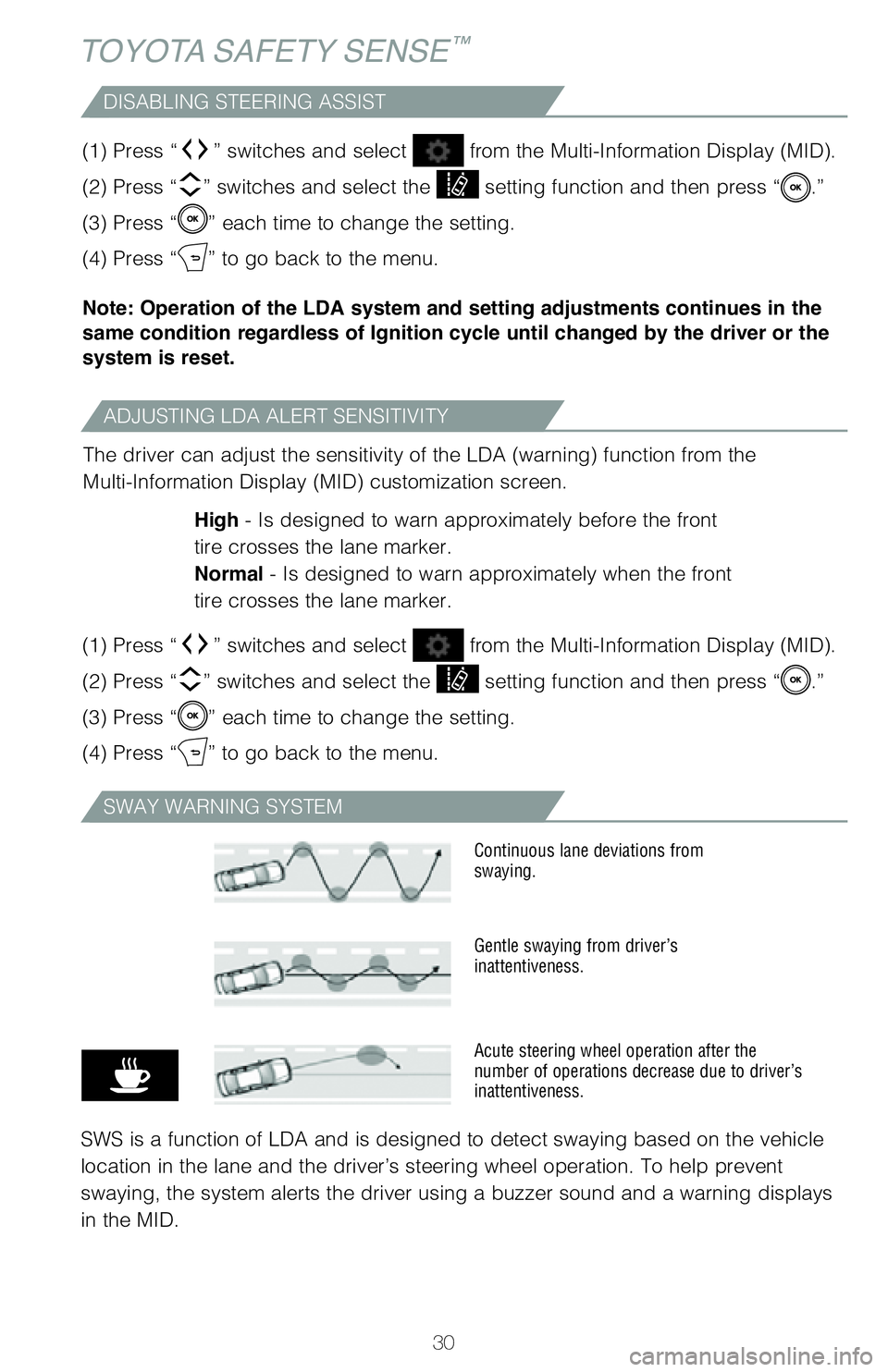 TOYOTA COROLLA HATCHBACK 2019 (in English) Owners Guide 30
ADJUSTING LDA ALERT SENSITIVITY
DISABLING STEERING ASSIST
The driver can adjust the sensitivity of the LDA (warning) function fr\
om the
Multi-Information Display (MID) customization screen.High - TOYOTA COROLLA HATCHBACK 2019 (in English) Owners Guide 30
ADJUSTING LDA ALERT SENSITIVITY
DISABLING STEERING ASSIST
The driver can adjust the sensitivity of the LDA (warning) function fr\
om the
Multi-Information Display (MID) customization screen.High -