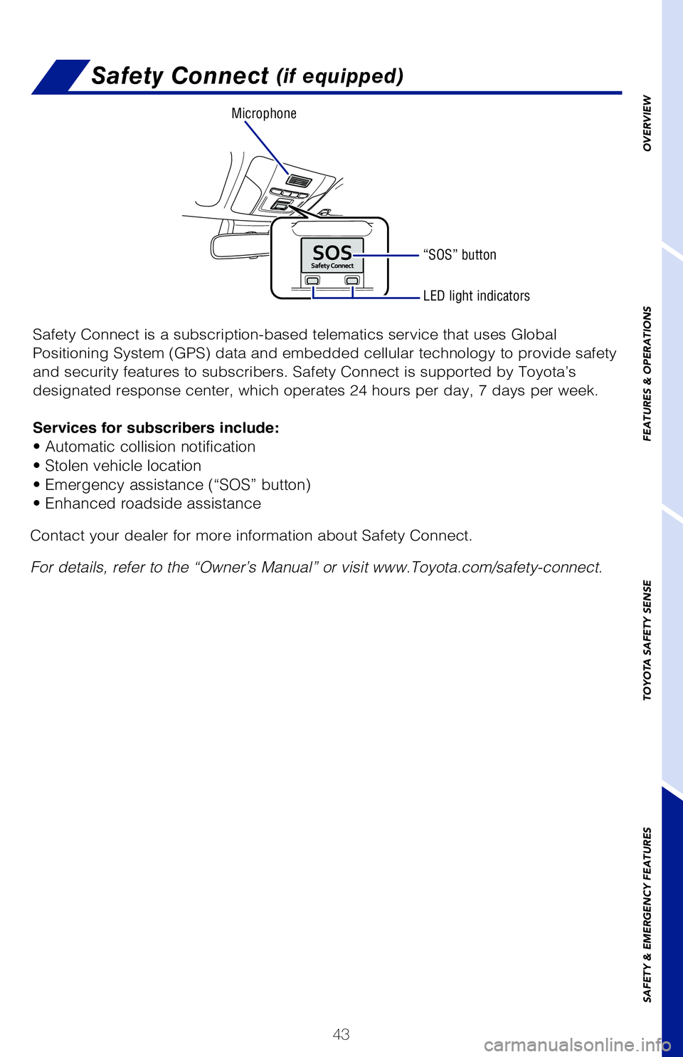 TOYOTA COROLLA HATCHBACK 2019 (in English) Service Manual 43
OVERVIEW
FEATURES & OPERATIONS
TOYOTA SAFETY SENSE
SAFETY & EMERGENCY FEATURES
Tire Pressure Monitoring (warning) System (TPMS)
The tire pressure detected by the tire pressure warning system can
be TOYOTA COROLLA HATCHBACK 2019 (in English) Service Manual 43
OVERVIEW
FEATURES & OPERATIONS
TOYOTA SAFETY SENSE
SAFETY & EMERGENCY FEATURES
Tire Pressure Monitoring (warning) System (TPMS)
The tire pressure detected by the tire pressure warning system can
be