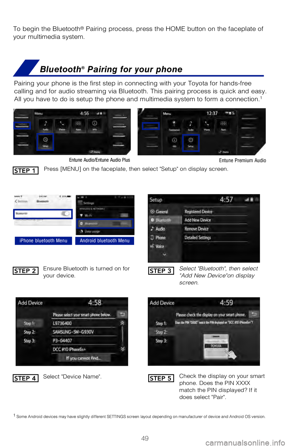 TOYOTA COROLLA HATCHBACK 2019 (in English) Workshop Manual 49
BLUETOOTH® DEVICE PAIRING
SECTION
To begin the Bluetooth® Pairing process, press the HOME button on the faceplate of
your multimedia system.
Bluetooth® Pairing for your phone
Pairing your phon TOYOTA COROLLA HATCHBACK 2019 (in English) Workshop Manual 49
BLUETOOTH® DEVICE PAIRING
SECTION
To begin the Bluetooth® Pairing process, press the HOME button on the faceplate of
your multimedia system.
Bluetooth® Pairing for your phone
Pairing your phon