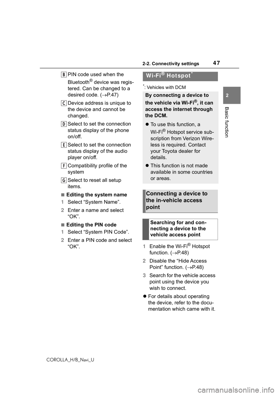 TOYOTA COROLLA HATCHBACK 2019 Accessories, Audio & Navigation (in English) 472-2. Connectivity settings
COROLLA_H/B_Navi_U
2
Basic function
PIN code used when the
Bluetooth
® device was regis-
tered. Can be changed to a
desired code. ( P.47)
Device address is unique to TOYOTA COROLLA HATCHBACK 2019 Accessories, Audio & Navigation (in English) 472-2. Connectivity settings
COROLLA_H/B_Navi_U
2
Basic function
PIN code used when the
Bluetooth
® device was regis-
tered. Can be changed to a
desired code. ( P.47)
Device address is unique to