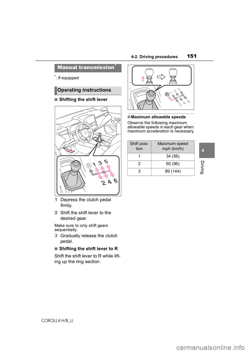 TOYOTA COROLLA HATCHBACK 2020 Owners Manual (in English) 1514-2. Driving procedures
COROLLA H/B_U
4
Driving
*: If equipped
■Shifting the shift lever
1 Depress the clutch pedal
firmly.
2 Shift the shift lever to the
desired gear.
Make sure to only shift TOYOTA COROLLA HATCHBACK 2020 Owners Manual (in English) 1514-2. Driving procedures
COROLLA H/B_U
4
Driving
*: If equipped
■Shifting the shift lever
1 Depress the clutch pedal
firmly.
2 Shift the shift lever to the
desired gear.
Make sure to only shift