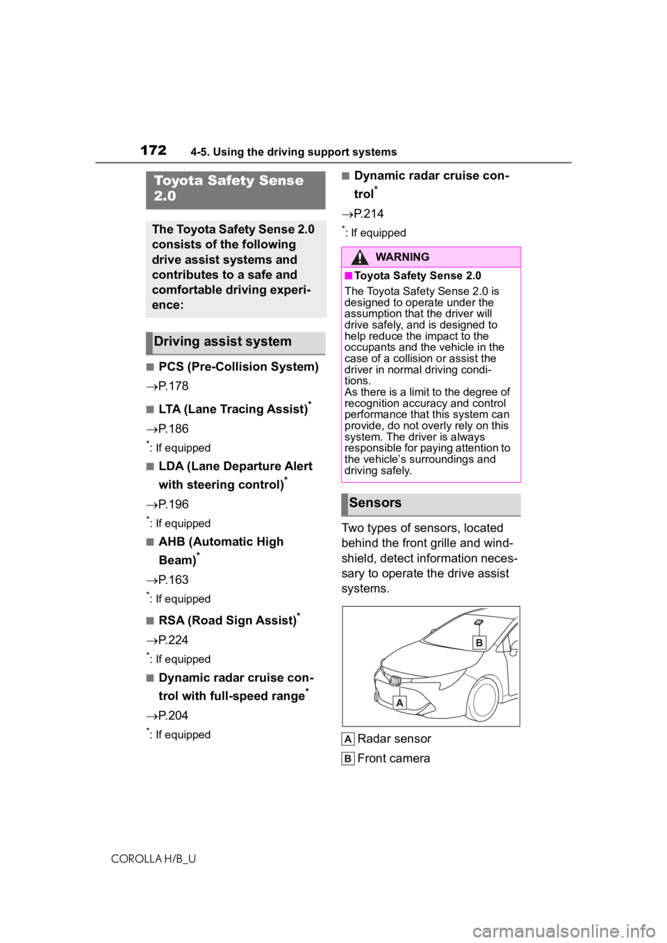 TOYOTA COROLLA HATCHBACK 2020  Owners Manual (in English) 1724-5. Using the driving support systems
COROLLA H/B_U
4-5.Using the driving support systems
■PCS (Pre-Collision System)
 P.178
■LTA (Lane Tracing Assist)*
P.186
*: If equipped
■LDA (Lane