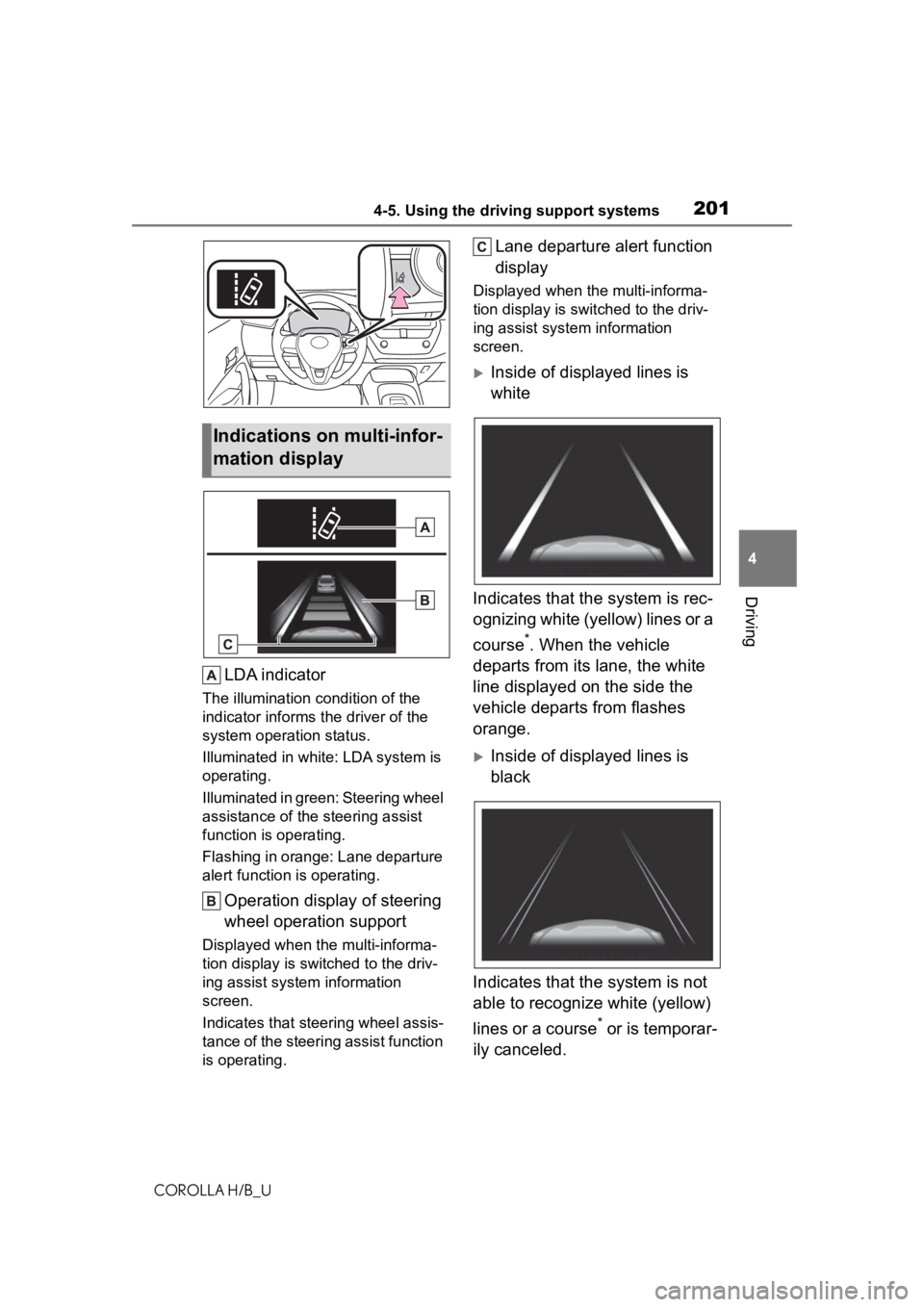 TOYOTA COROLLA HATCHBACK 2020 Owners Manual (in English) 2014-5. Using the driving support systems
COROLLA H/B_U
4
Driving
LDA indicator
The illumination c ondition of the
indicator informs the driver of the
system operation status.
Illuminated in white: TOYOTA COROLLA HATCHBACK 2020 Owners Manual (in English) 2014-5. Using the driving support systems
COROLLA H/B_U
4
Driving
LDA indicator
The illumination c ondition of the
indicator informs the driver of the
system operation status.
Illuminated in white: