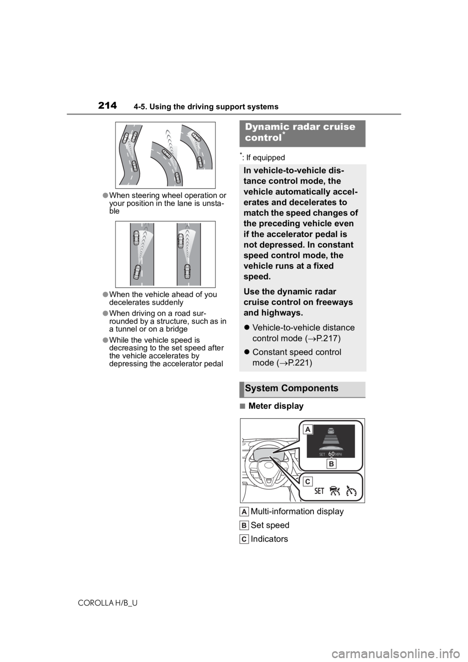 TOYOTA COROLLA HATCHBACK 2020   (in English) Manual PDF 2144-5. Using the driving support systems
COROLLA H/B_U
●When steering wheel operation or 
your position in the lane is unsta-
ble
●When the vehicle ahead of you 
decelerates suddenly
●When driv