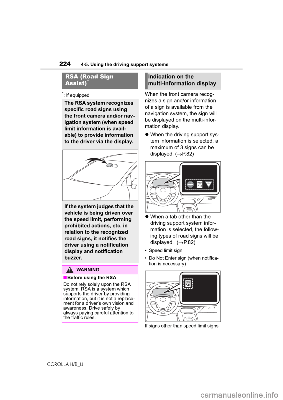 TOYOTA COROLLA HATCHBACK 2020 Owners Manual (in English) 2244-5. Using the driving support systems
COROLLA H/B_U
*: If equippedWhen the front camera recog-
nizes a sign and/or information
of a sign is available from the
navigation system, the sign will
b TOYOTA COROLLA HATCHBACK 2020 Owners Manual (in English) 2244-5. Using the driving support systems
COROLLA H/B_U
*: If equippedWhen the front camera recog-
nizes a sign and/or information
of a sign is available from the
navigation system, the sign will
b
