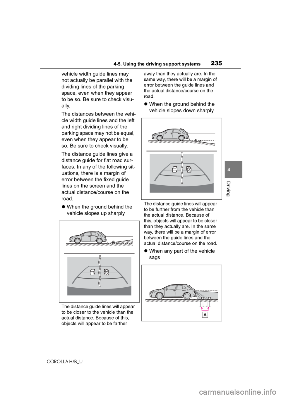 TOYOTA COROLLA HATCHBACK 2020 Owners Manual (in English) 2354-5. Using the driving support systems
COROLLA H/B_U
4
Driving
vehicle width guide lines may
not actually be parallel with the
dividing lines of the parking
space, even when they appear
to be s TOYOTA COROLLA HATCHBACK 2020 Owners Manual (in English) 2354-5. Using the driving support systems
COROLLA H/B_U
4
Driving
vehicle width guide lines may
not actually be parallel with the
dividing lines of the parking
space, even when they appear
to be s