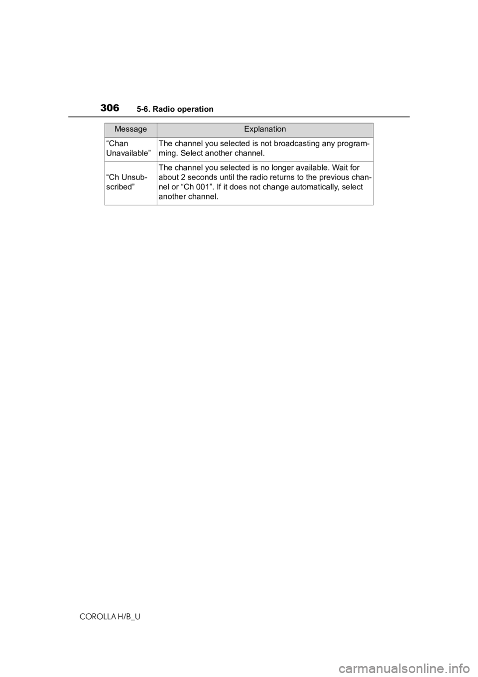 TOYOTA COROLLA HATCHBACK 2020 Owners Manual (in English) 3065-6. Radio operation
COROLLA H/B_U
“Chan
Unavailable”The channel you selected is not broadcasting any program-
ming. Select another channel.
“Ch Unsub-
scribed”
The channel you selected is TOYOTA COROLLA HATCHBACK 2020 Owners Manual (in English) 3065-6. Radio operation
COROLLA H/B_U
“Chan
Unavailable”The channel you selected is not broadcasting any program-
ming. Select another channel.
“Ch Unsub-
scribed”
The channel you selected is