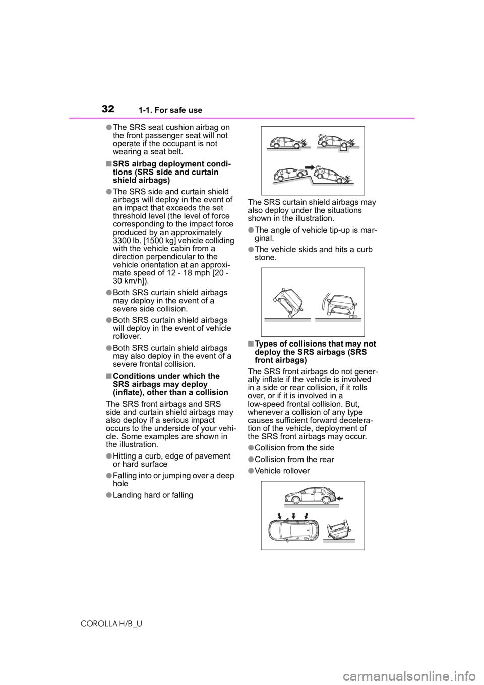 TOYOTA COROLLA HATCHBACK 2020 (in English) Owners Guide 321-1. For safe use
COROLLA H/B_U
●The SRS seat cushion airbag on
the front passenger seat will not
operate if the occupant is not
wearing a seat belt.
■SRS airbag deployment condi-
tions (SRS TOYOTA COROLLA HATCHBACK 2020 (in English) Owners Guide 321-1. For safe use
COROLLA H/B_U
●The SRS seat cushion airbag on
the front passenger seat will not
operate if the occupant is not
wearing a seat belt.
■SRS airbag deployment condi-
tions (SRS