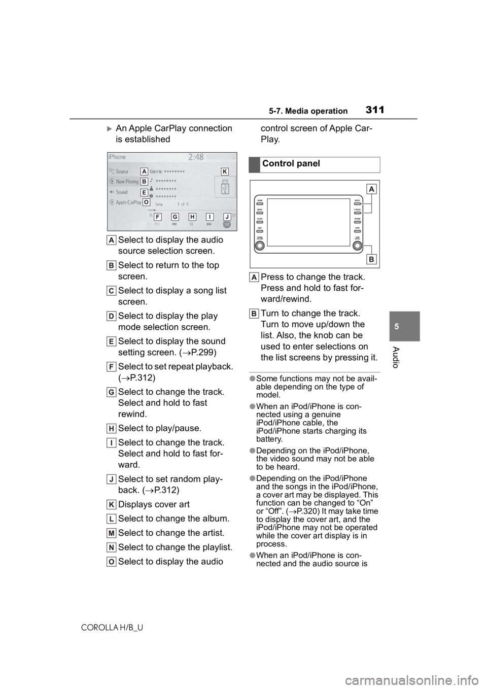 TOYOTA COROLLA HATCHBACK 2020  Owners Manual (in English) 3115-7. Media operation
COROLLA H/B_U
5
Audio
An Apple CarPlay connection 
is established Select to display the audio 
source selection screen.
Select to return to the top 
screen.
Select to displa