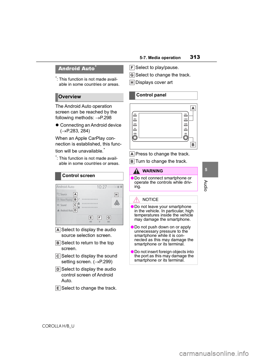 TOYOTA COROLLA HATCHBACK 2020 (in English) Owners Manual 3135-7. Media operation
COROLLA H/B_U
5
Audio
*: This function is not made avail- able in some countries or areas.
The Android Auto operation
screen can be reached by the
following methods: P.29 TOYOTA COROLLA HATCHBACK 2020 (in English) Owners Manual 3135-7. Media operation
COROLLA H/B_U
5
Audio
*: This function is not made avail- able in some countries or areas.
The Android Auto operation
screen can be reached by the
following methods: P.29