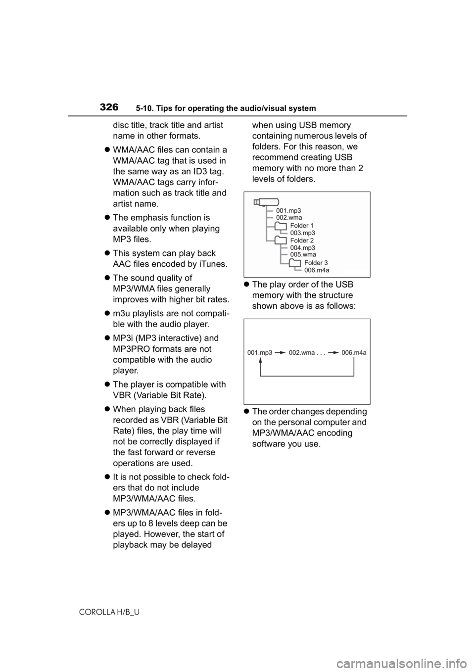 TOYOTA COROLLA HATCHBACK 2020  Owners Manual (in English) 3265-10. Tips for operating the audio/visual system
COROLLA H/B_U
disc title, track title and artist 
name in other formats.
 WMA/AAC files can contain a 
WMA/AAC tag that is used in 
the same way 
