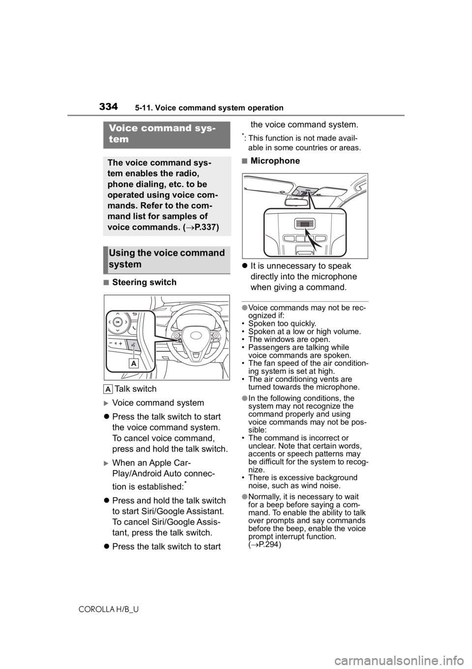 TOYOTA COROLLA HATCHBACK 2020 (in English) Owners Manual 3345-11. Voice command system operation
COROLLA H/B_U
5-11.Voice command system operation
■Steering switchTa l k s w i t c h
Voice command system
Press the talk switch to start
the voice c TOYOTA COROLLA HATCHBACK 2020 (in English) Owners Manual 3345-11. Voice command system operation
COROLLA H/B_U
5-11.Voice command system operation
■Steering switchTa l k s w i t c h
Voice command system
Press the talk switch to start
the voice c