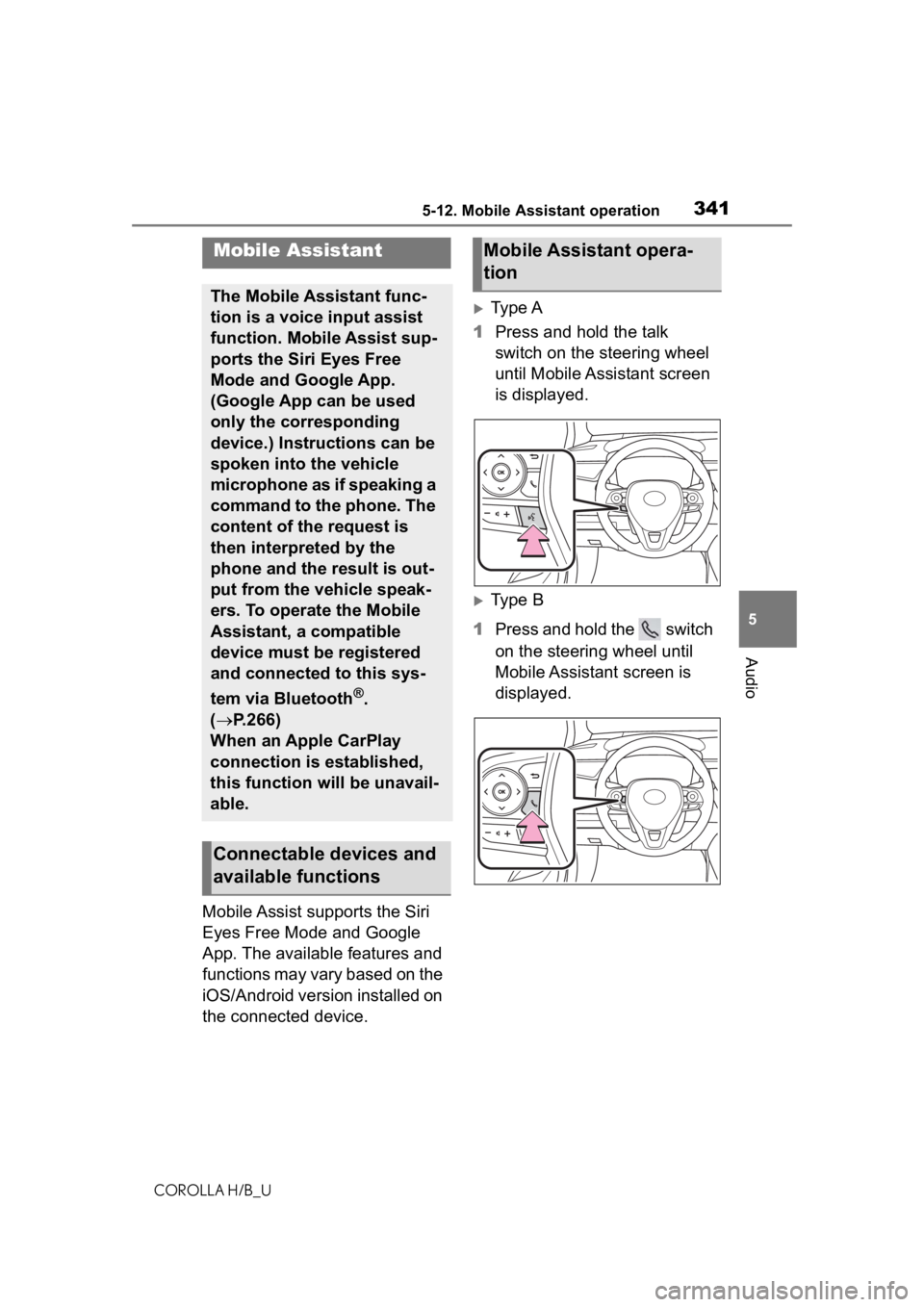 TOYOTA COROLLA HATCHBACK 2020  Owners Manual (in English) 3415-12. Mobile Assistant operation
COROLLA H/B_U
5
Audio
5-12.Mobile Assistant operation
Mobile Assist supports the Siri 
Eyes Free Mode and Google 
App. The available features and 
functions may var
