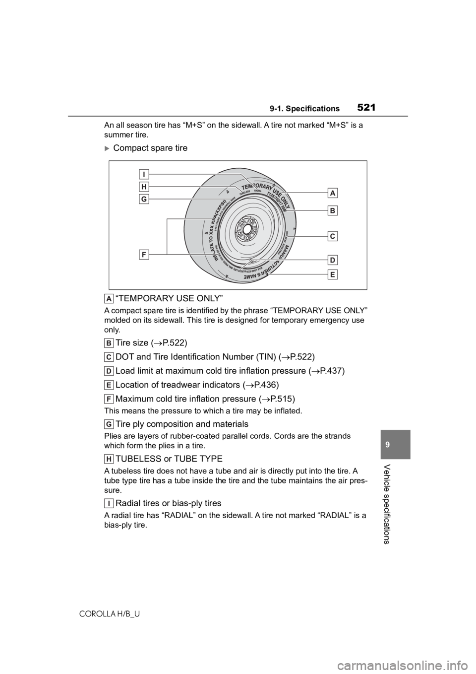 TOYOTA COROLLA HATCHBACK 2020  Owners Manual (in English) 5219-1. Specifications
COROLLA H/B_U
9
Vehicle specifications
An all season tire has  “M+S” on the sidewal l. A tire not marked “M+S” is a 
summer tire.
Compact spare tire
“TEMPORARY USE 
