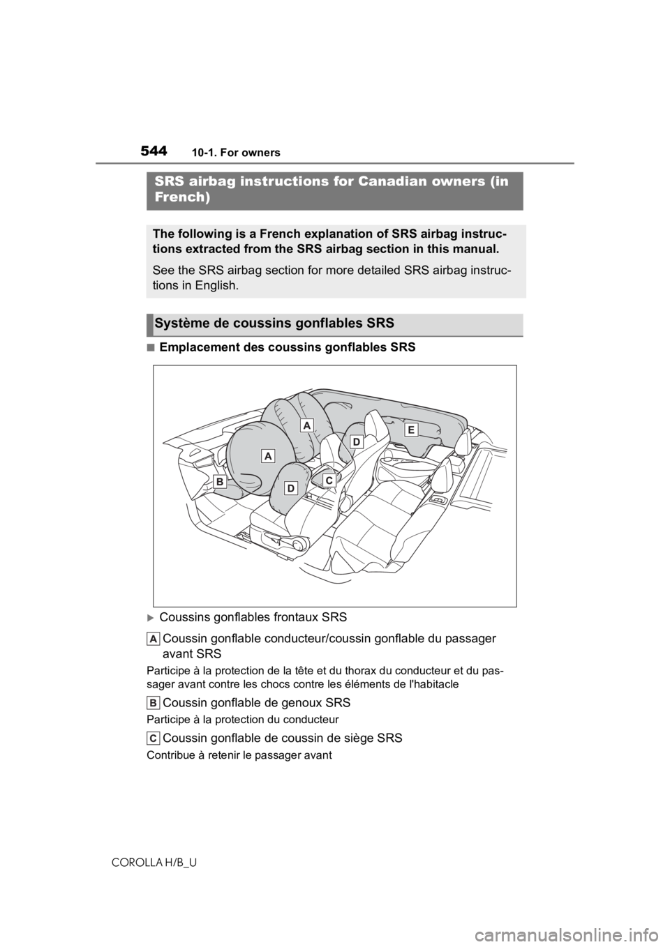 TOYOTA COROLLA HATCHBACK 2020 Owners Manual (in English) 54410-1. For owners
COROLLA H/B_U
■Emplacement des coussins gonflables SRS
Coussins gonflables frontaux SRSCoussin gonflable conducteur/c oussin gonflable du passager
avant SRS
Participe à la p TOYOTA COROLLA HATCHBACK 2020 Owners Manual (in English) 54410-1. For owners
COROLLA H/B_U
■Emplacement des coussins gonflables SRS
Coussins gonflables frontaux SRSCoussin gonflable conducteur/c oussin gonflable du passager
avant SRS
Participe à la p