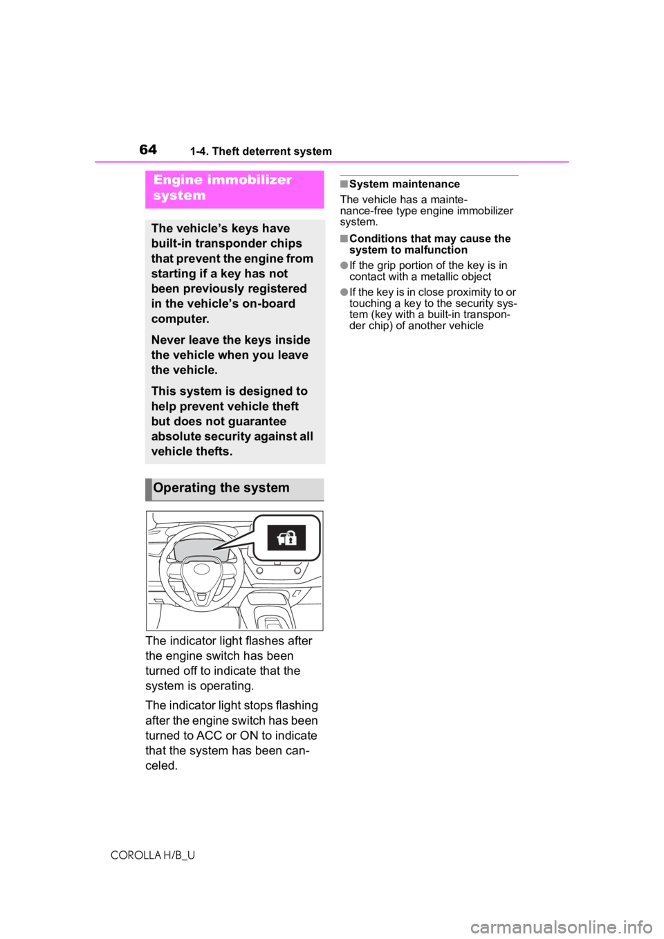 TOYOTA COROLLA HATCHBACK 2020 Owners Manual (in English) 641-4. Theft deterrent system
COROLLA H/B_U
1-4.Theft deterrent system
The indicator light flashes after
the engine switch has been
turned off to indicate that the
system is operating.
The indicato TOYOTA COROLLA HATCHBACK 2020 Owners Manual (in English) 641-4. Theft deterrent system
COROLLA H/B_U
1-4.Theft deterrent system
The indicator light flashes after
the engine switch has been
turned off to indicate that the
system is operating.
The indicato