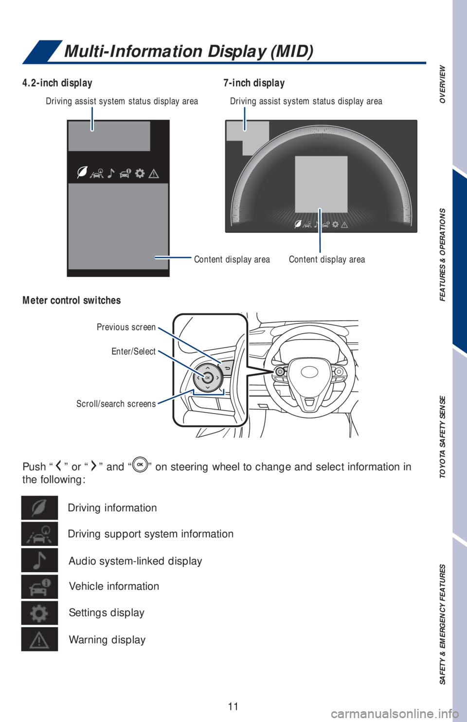 TOYOTA COROLLA HATCHBACK 2020  Owners Manual (in English) 11
OVERVIEW FEATURES & OPERATIONS TOYOTA SAFETY SENSE SAFETY & EMERGENCY FEATURESDriving assist system status display areaDriving assist system status display area
Content display areaContent display 