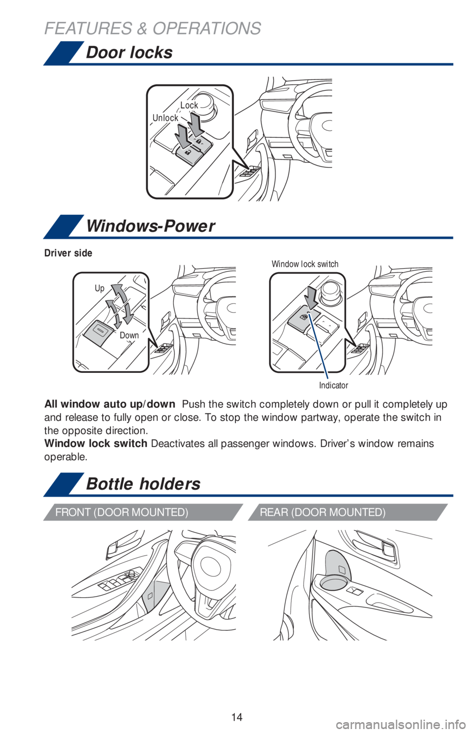 TOYOTA COROLLA HATCHBACK 2020 (in English) User Guide 14
Windows-Power
All window auto up/down Push the switch completely down or pull it completely up
and release to fully open or close. To stop the window partway, operate the switch in
the opposite TOYOTA COROLLA HATCHBACK 2020 (in English) User Guide 14
Windows-Power
All window auto up/down Push the switch completely down or pull it completely up
and release to fully open or close. To stop the window partway, operate the switch in
the opposite
