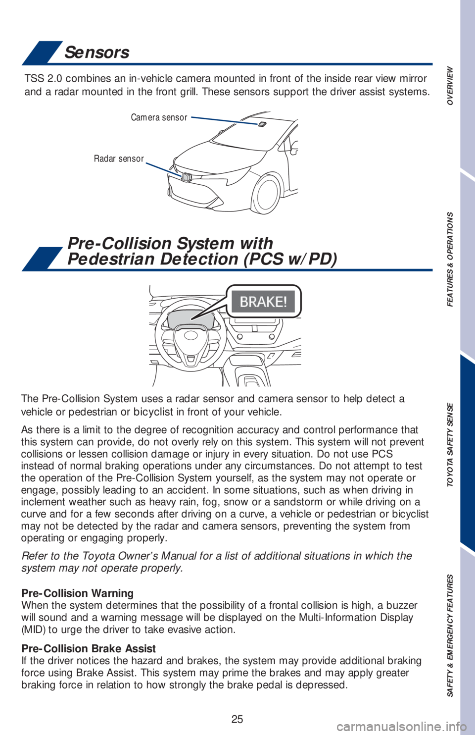 TOYOTA COROLLA HATCHBACK 2020 Owners Manual (in English) 25
OVERVIEW FEATURES & OPERATIONS TOYOTA SAFETY SENSE SAFETY & EMERGENCY FEATURES
Radar sensorCamera sensor
Sensors
TSS 2.0 combines an in-vehicle camera mounted in front of the inside rear view mirro TOYOTA COROLLA HATCHBACK 2020 Owners Manual (in English) 25
OVERVIEW FEATURES & OPERATIONS TOYOTA SAFETY SENSE SAFETY & EMERGENCY FEATURES
Radar sensorCamera sensor
Sensors
TSS 2.0 combines an in-vehicle camera mounted in front of the inside rear view mirro