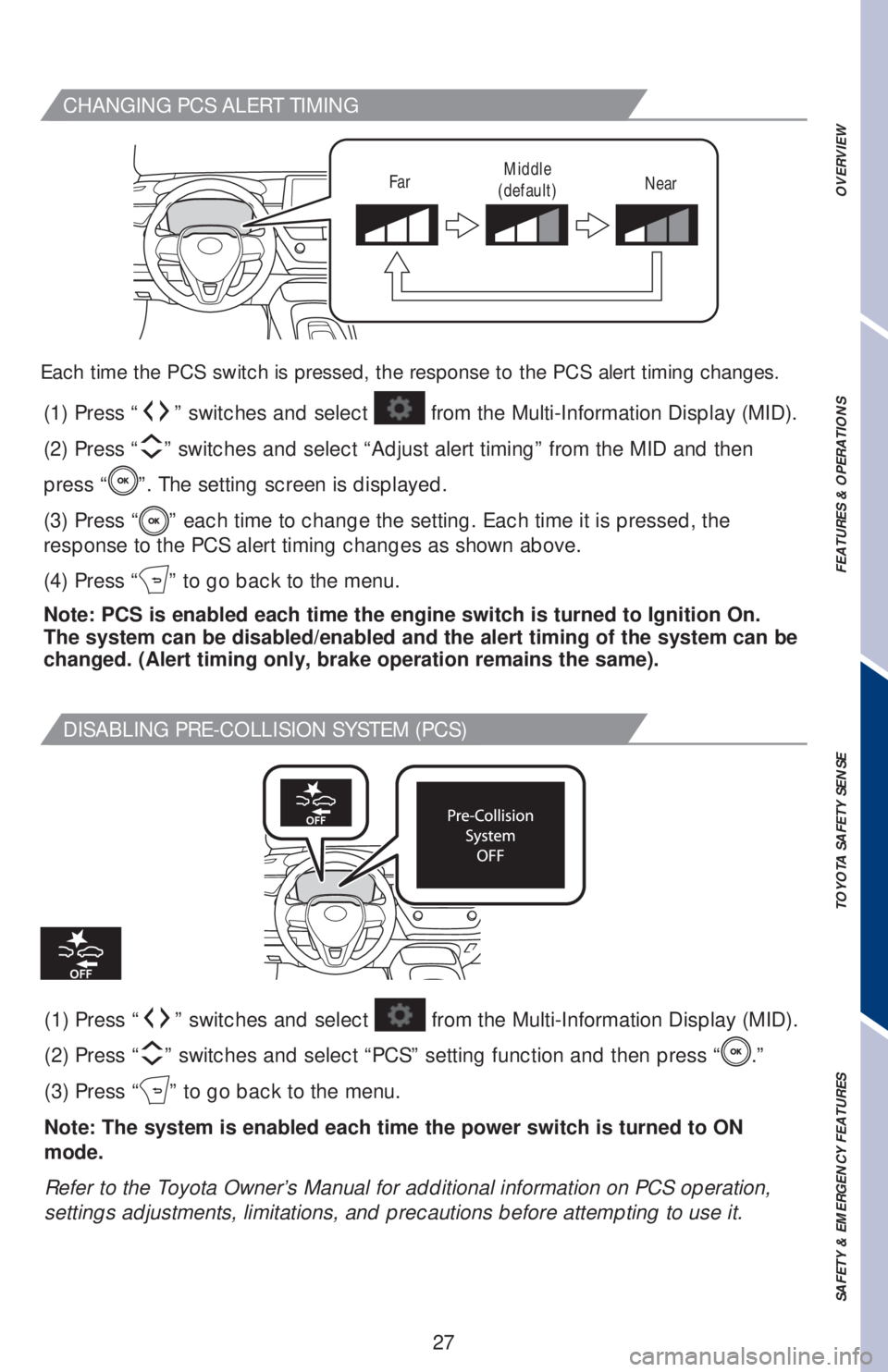 TOYOTA COROLLA HATCHBACK 2020  Owners Manual (in English) 27
OVERVIEW FEATURES & OPERATIONS TOYOTA SAFETY SENSE SAFETY & EMERGENCY FEATURES
CHANGING PCS ALERT TIMING
DISABLING PRE-COLLISION SYSTEM (PCS)
Each time the PCS switch is pressed, the response to th