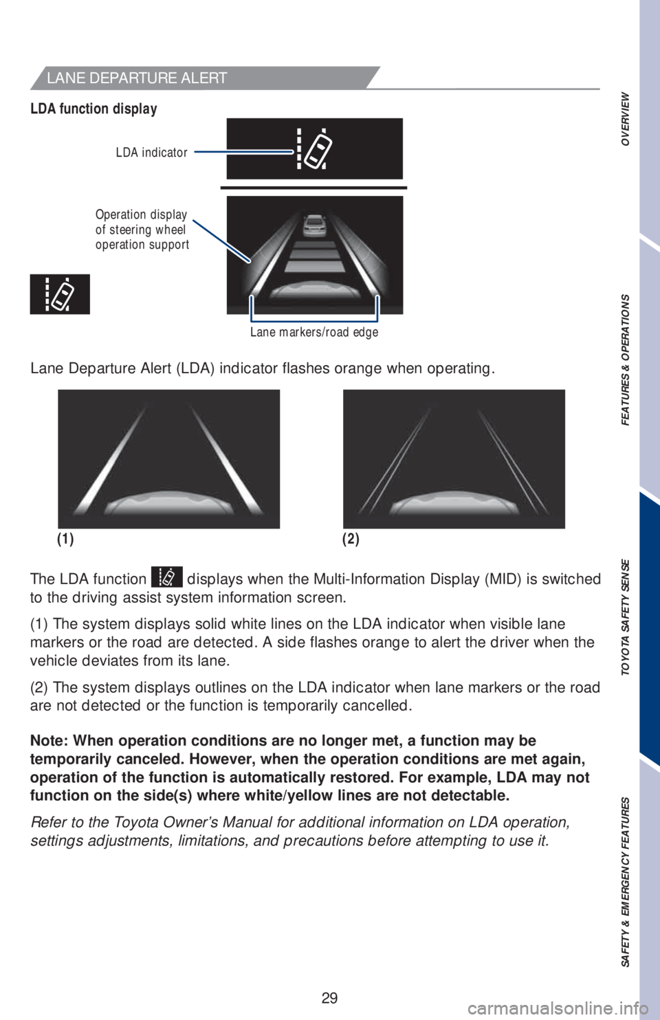 TOYOTA COROLLA HATCHBACK 2020 (in English) Owners Guide 29
OVERVIEW FEATURES & OPERATIONS TOYOTA SAFETY SENSE SAFETY & EMERGENCY FEATURES
LANE DEPARTURE ALERT
LDA function display
Operation display
of steering wheel
operation supportLDA indicator
Lane ma TOYOTA COROLLA HATCHBACK 2020 (in English) Owners Guide 29
OVERVIEW FEATURES & OPERATIONS TOYOTA SAFETY SENSE SAFETY & EMERGENCY FEATURES
LANE DEPARTURE ALERT
LDA function display
Operation display
of steering wheel
operation supportLDA indicator
Lane ma