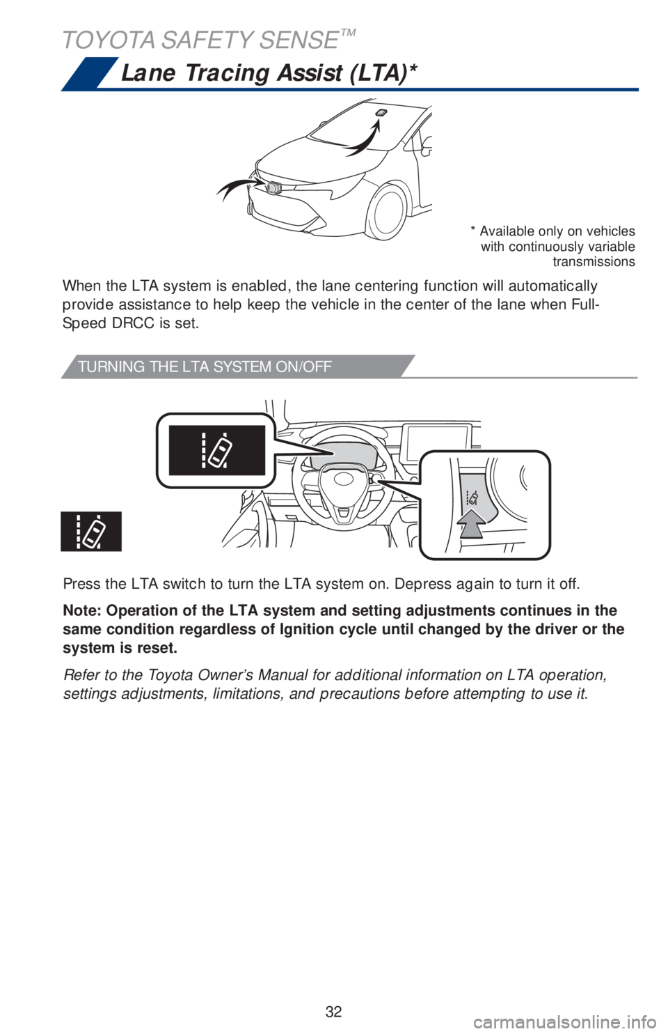 TOYOTA COROLLA HATCHBACK 2020 (in English) Owners Guide 32
TOYOTA SAFETY SENSE™
TURNING THE LTA SYSTEM ON/OFF
Press the LTA switch to turn the LTA system on. Depress again to turn it off.
Note: Operation of the LTA system and setting adjustments continue TOYOTA COROLLA HATCHBACK 2020 (in English) Owners Guide 32
TOYOTA SAFETY SENSE™
TURNING THE LTA SYSTEM ON/OFF
Press the LTA switch to turn the LTA system on. Depress again to turn it off.
Note: Operation of the LTA system and setting adjustments continue
