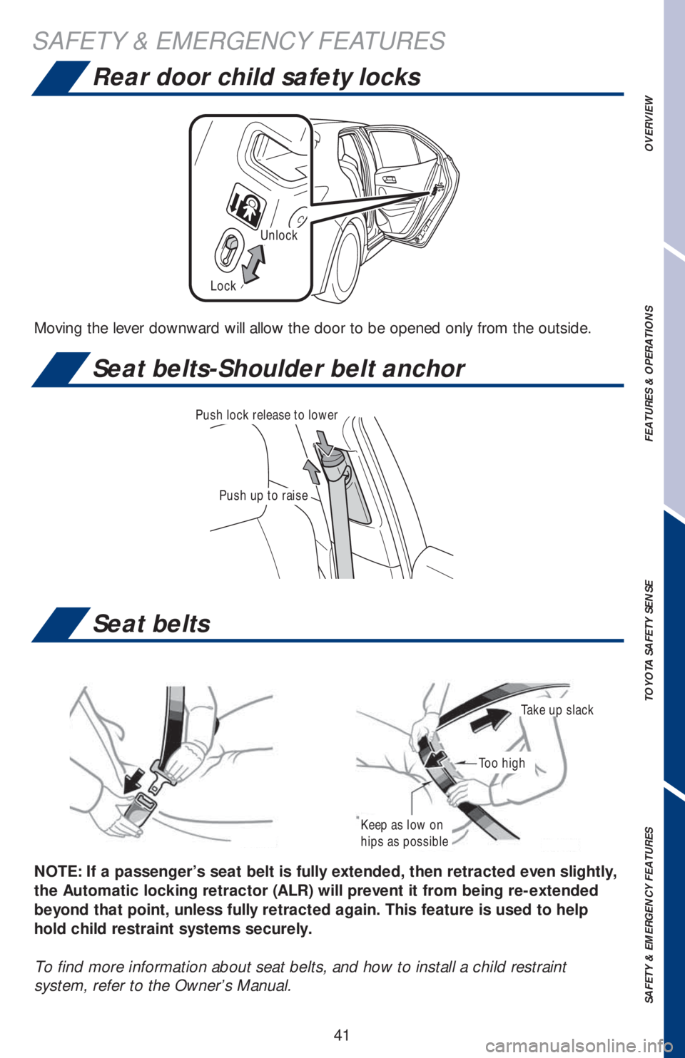 TOYOTA COROLLA HATCHBACK 2020 (in English) Service Manual 41
OVERVIEW FEATURES & OPERATIONS TOYOTA SAFETY SENSE SAFETY & EMERGENCY FEATURES
Moving the lever downward will allow the door to be opened only from the outside.
Unlock
Lock
Push up to raise
Push lo TOYOTA COROLLA HATCHBACK 2020 (in English) Service Manual 41
OVERVIEW FEATURES & OPERATIONS TOYOTA SAFETY SENSE SAFETY & EMERGENCY FEATURES
Moving the lever downward will allow the door to be opened only from the outside.
Unlock
Lock
Push up to raise
Push lo