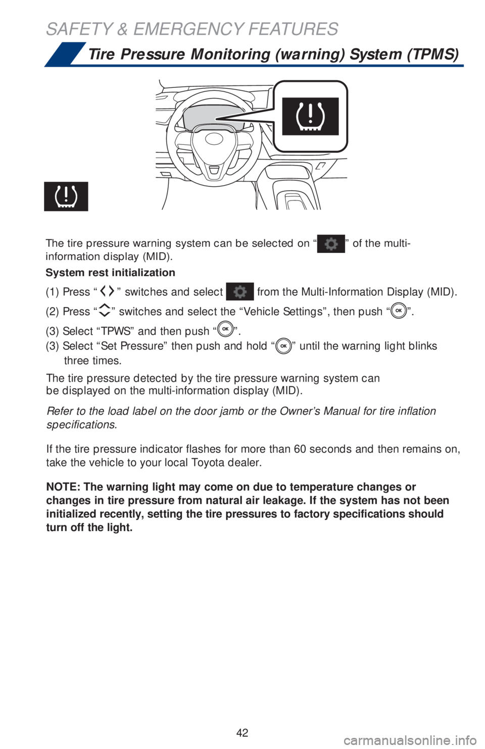 TOYOTA COROLLA HATCHBACK 2020 Owners Manual (in English) 42
SAFETY & EMERGENCY FEATURES
Tire Pressure Monitoring (warning) System (TPMS)
The tire pressure detected by the tire pressure warning system can
be displayed on the multi-information display (MID).
TOYOTA COROLLA HATCHBACK 2020 Owners Manual (in English) 42
SAFETY & EMERGENCY FEATURES
Tire Pressure Monitoring (warning) System (TPMS)
The tire pressure detected by the tire pressure warning system can
be displayed on the multi-information display (MID).