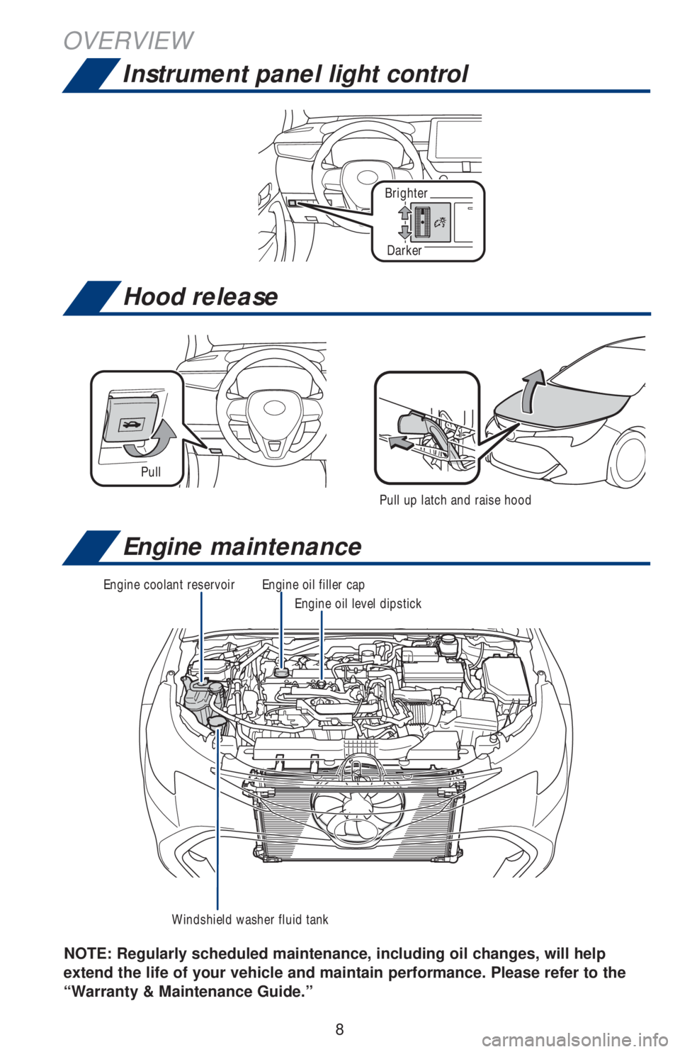 TOYOTA COROLLA HATCHBACK 2020 Owners Manual (in English) 8
Brighter
OVERVIEW
Darker
Instrument panel light control
NOTE: Regularly scheduled maintenance, including oil changes, will help
extend the life of your vehicle and maintain performance. Please ref TOYOTA COROLLA HATCHBACK 2020 Owners Manual (in English) 8
Brighter
OVERVIEW
Darker
Instrument panel light control
NOTE: Regularly scheduled maintenance, including oil changes, will help
extend the life of your vehicle and maintain performance. Please ref