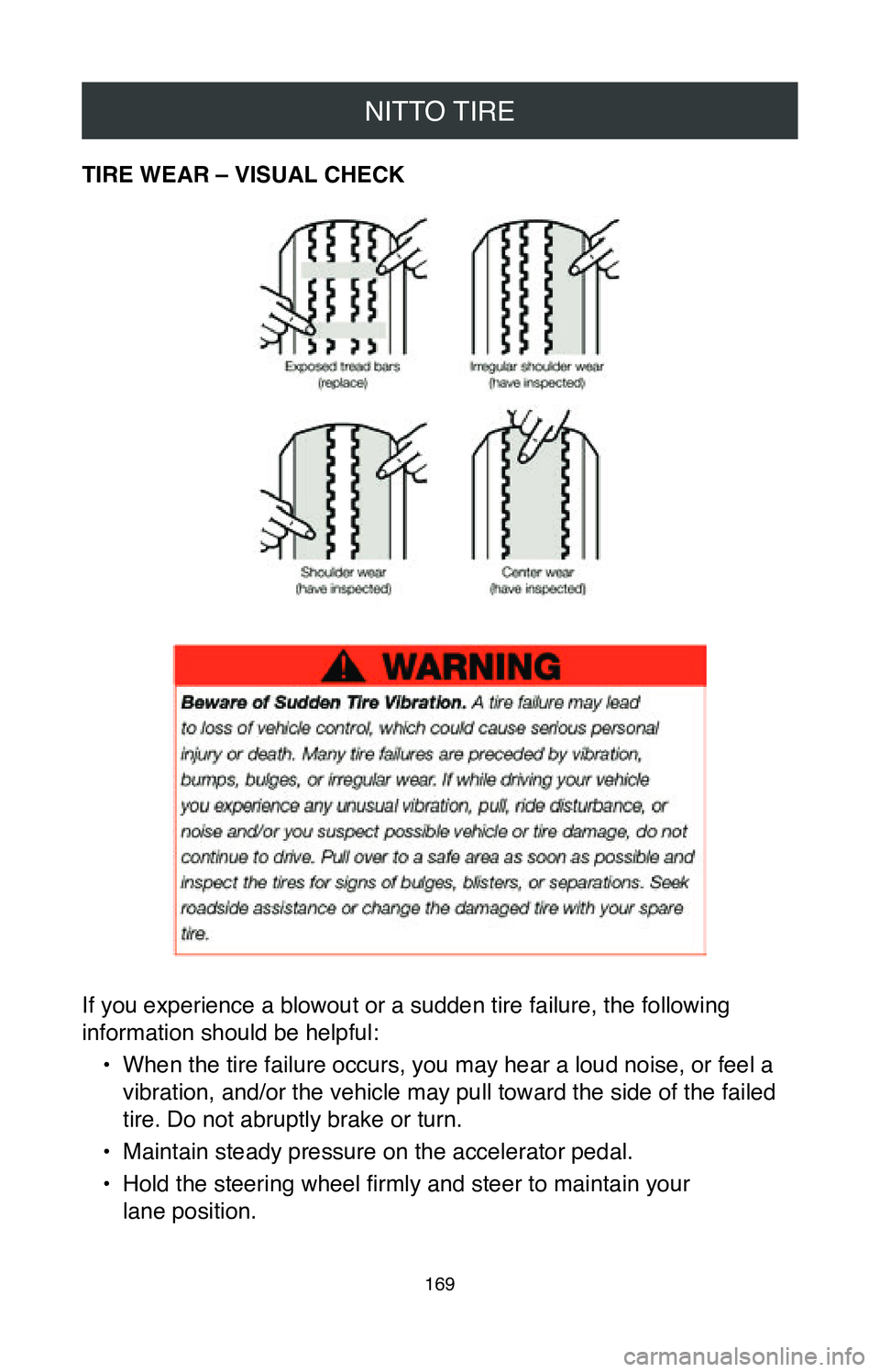 TOYOTA COROLLA HATCHBACK 2020 Warranties & Maintenance Guides (in English) NITTO TIRE
169
TIRE WEAR – VISUAL CHECK
If you experience a blowout or a sudden tire failure, the following
information should be helpful:•
When the tire failure occurs, you may hear a loud nois TOYOTA COROLLA HATCHBACK 2020 Warranties & Maintenance Guides (in English) NITTO TIRE
169
TIRE WEAR – VISUAL CHECK
If you experience a blowout or a sudden tire failure, the following
information should be helpful:•
When the tire failure occurs, you may hear a loud nois
