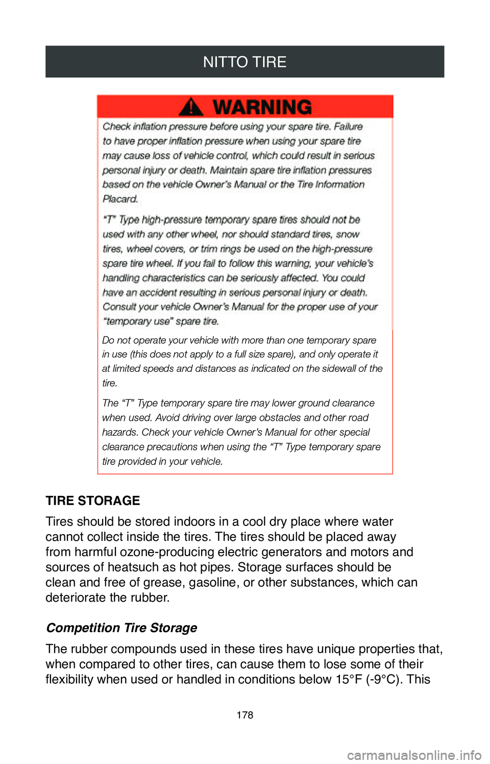 TOYOTA COROLLA HATCHBACK 2020 Warranties & Maintenance Guides (in English) NITTO TIRE
178
TIRE STORAGE
Tires should be stored indoors in a cool dry place where water
cannot collect inside the tires. The tires should be placed away
from harmful ozone-producing electric ge TOYOTA COROLLA HATCHBACK 2020 Warranties & Maintenance Guides (in English) NITTO TIRE
178
TIRE STORAGE
Tires should be stored indoors in a cool dry place where water
cannot collect inside the tires. The tires should be placed away
from harmful ozone-producing electric ge