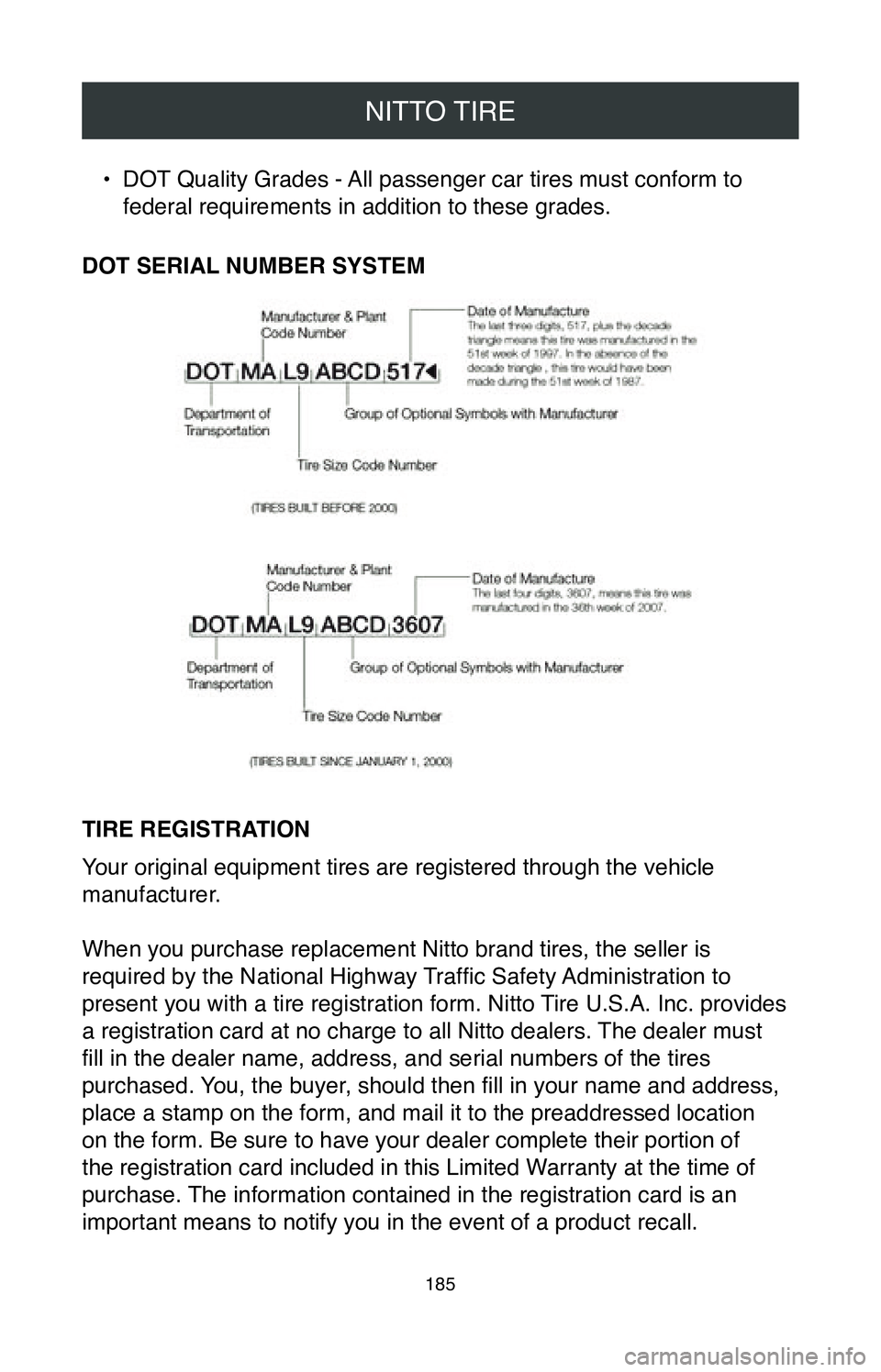 TOYOTA COROLLA HATCHBACK 2020 Warranties & Maintenance Guides (in English) NITTO TIRE
185
• DOT Quality Grades - All passenger car tires must conform to
federal requirements in addition to these grades.
DOT SERIAL NUMBER SYSTEM
TIRE REGISTRATION
Your original equipment ti TOYOTA COROLLA HATCHBACK 2020 Warranties & Maintenance Guides (in English) NITTO TIRE
185
• DOT Quality Grades - All passenger car tires must conform to
federal requirements in addition to these grades.
DOT SERIAL NUMBER SYSTEM
TIRE REGISTRATION
Your original equipment ti