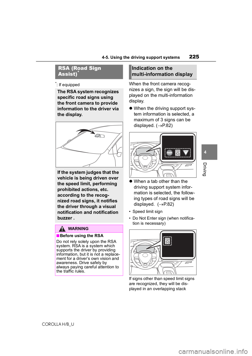 TOYOTA COROLLA HATCHBACK 2021 Owners Manual (in English) 2254-5. Using the driving support systems
COROLLA H/B_U
4
Driving
*: If equippedWhen the front camera recog-
nizes a sign, the sign will be dis-
played on the multi-information
display.
When the TOYOTA COROLLA HATCHBACK 2021 Owners Manual (in English) 2254-5. Using the driving support systems
COROLLA H/B_U
4
Driving
*: If equippedWhen the front camera recog-
nizes a sign, the sign will be dis-
played on the multi-information
display.
When the