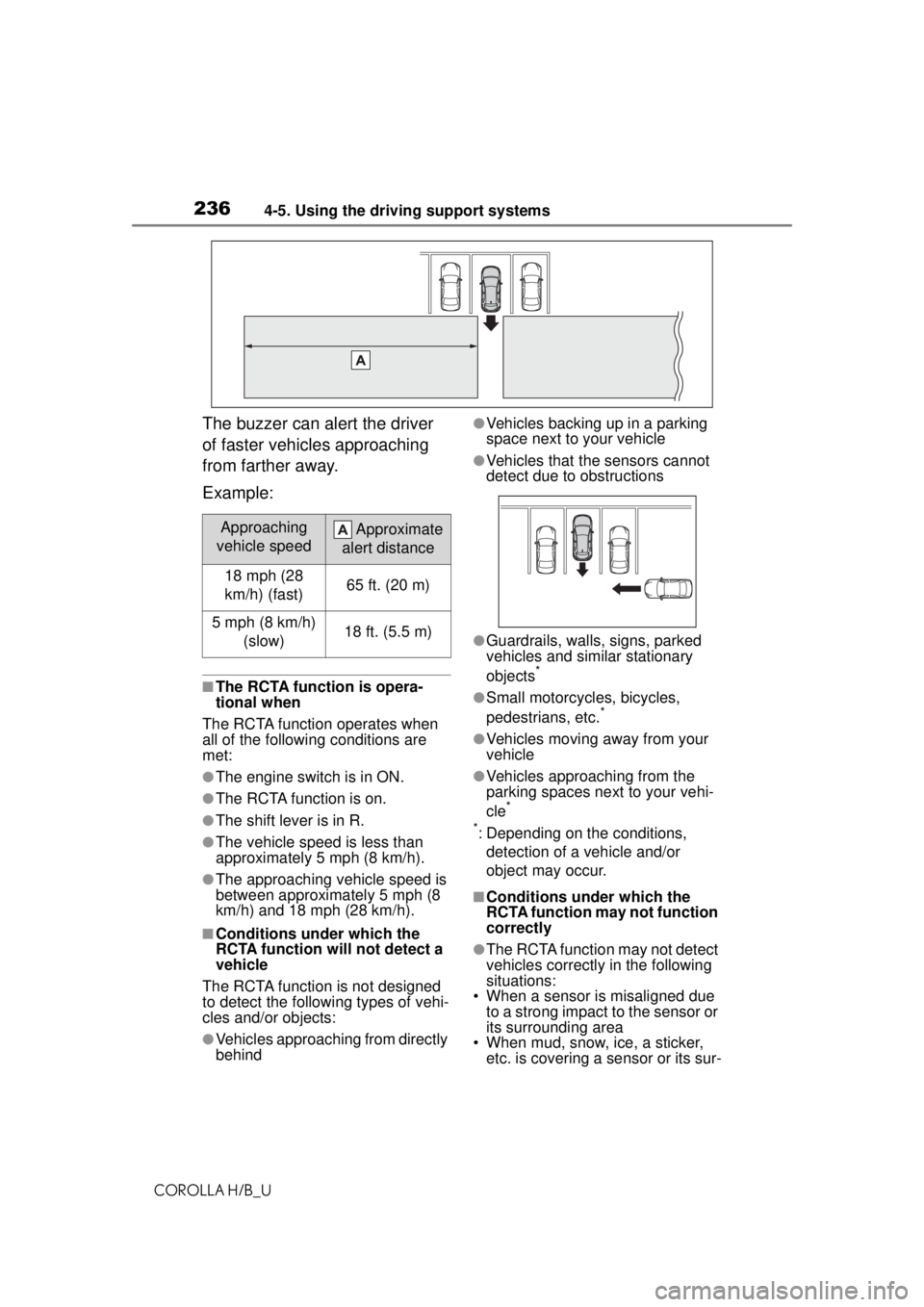 TOYOTA COROLLA HATCHBACK 2021  Owners Manual (in English) 2364-5. Using the driving support systems
COROLLA H/B_U
The buzzer can alert the driver 
of faster vehicles approaching 
from farther away.
Example:
■The RCTA function is opera-
tional when
The RCTA