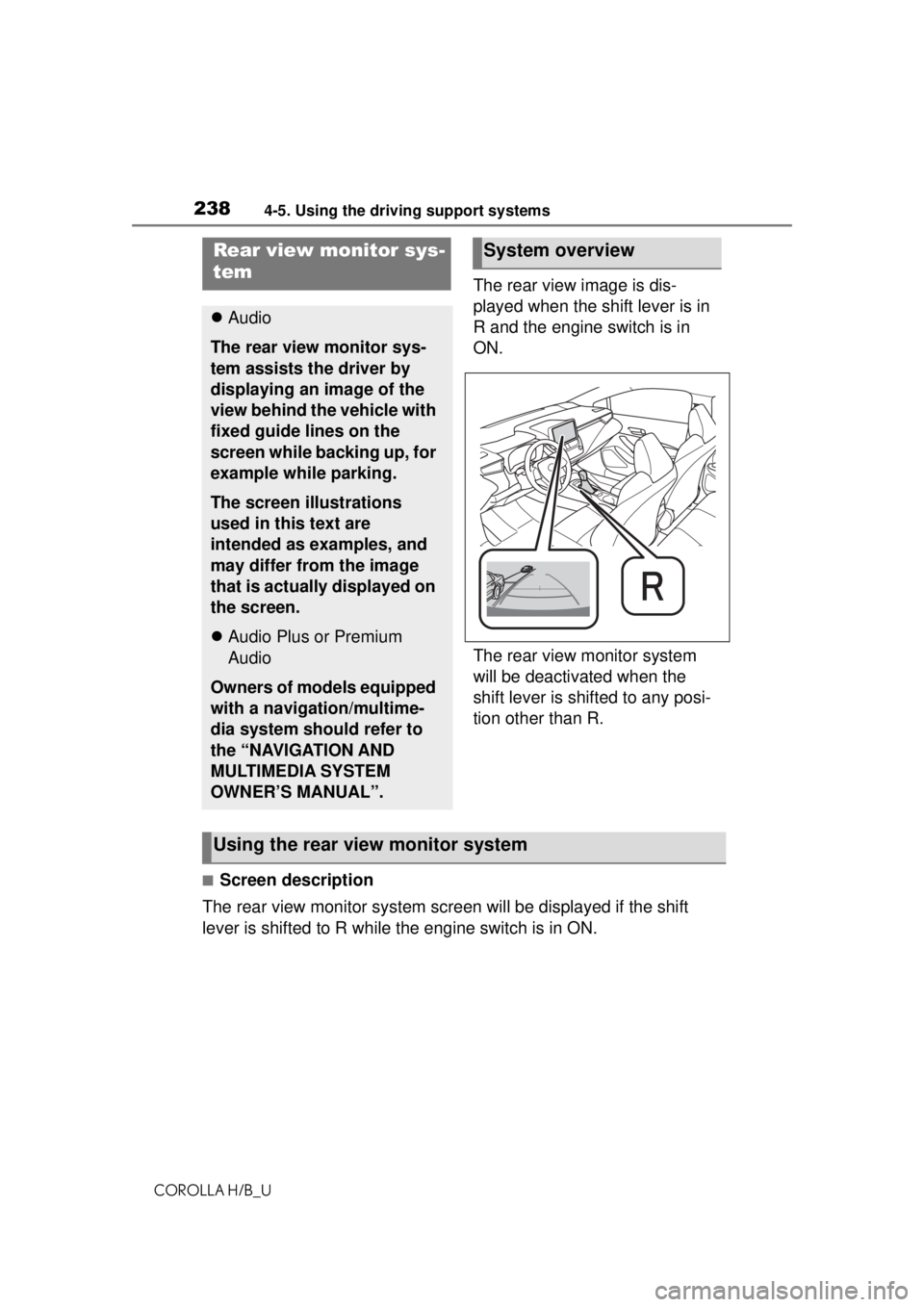 TOYOTA COROLLA HATCHBACK 2021 Owners Manual (in English) 2384-5. Using the driving support systems
COROLLA H/B_U
The rear view image is dis-
played when the shift lever is in
R and the engine switch is in
ON.
The rear view monitor system
will be deactiva TOYOTA COROLLA HATCHBACK 2021 Owners Manual (in English) 2384-5. Using the driving support systems
COROLLA H/B_U
The rear view image is dis-
played when the shift lever is in
R and the engine switch is in
ON.
The rear view monitor system
will be deactiva