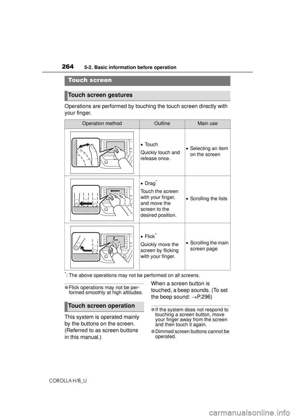 TOYOTA COROLLA HATCHBACK 2021 Owners Manual (in English) 2645-2. Basic information before operation
COROLLA H/B_U
Operations are performed by touching the touch screen directly with
your finger.
*: The above operations may not be performed on all screens.
TOYOTA COROLLA HATCHBACK 2021 Owners Manual (in English) 2645-2. Basic information before operation
COROLLA H/B_U
Operations are performed by touching the touch screen directly with
your finger.
*: The above operations may not be performed on all screens.