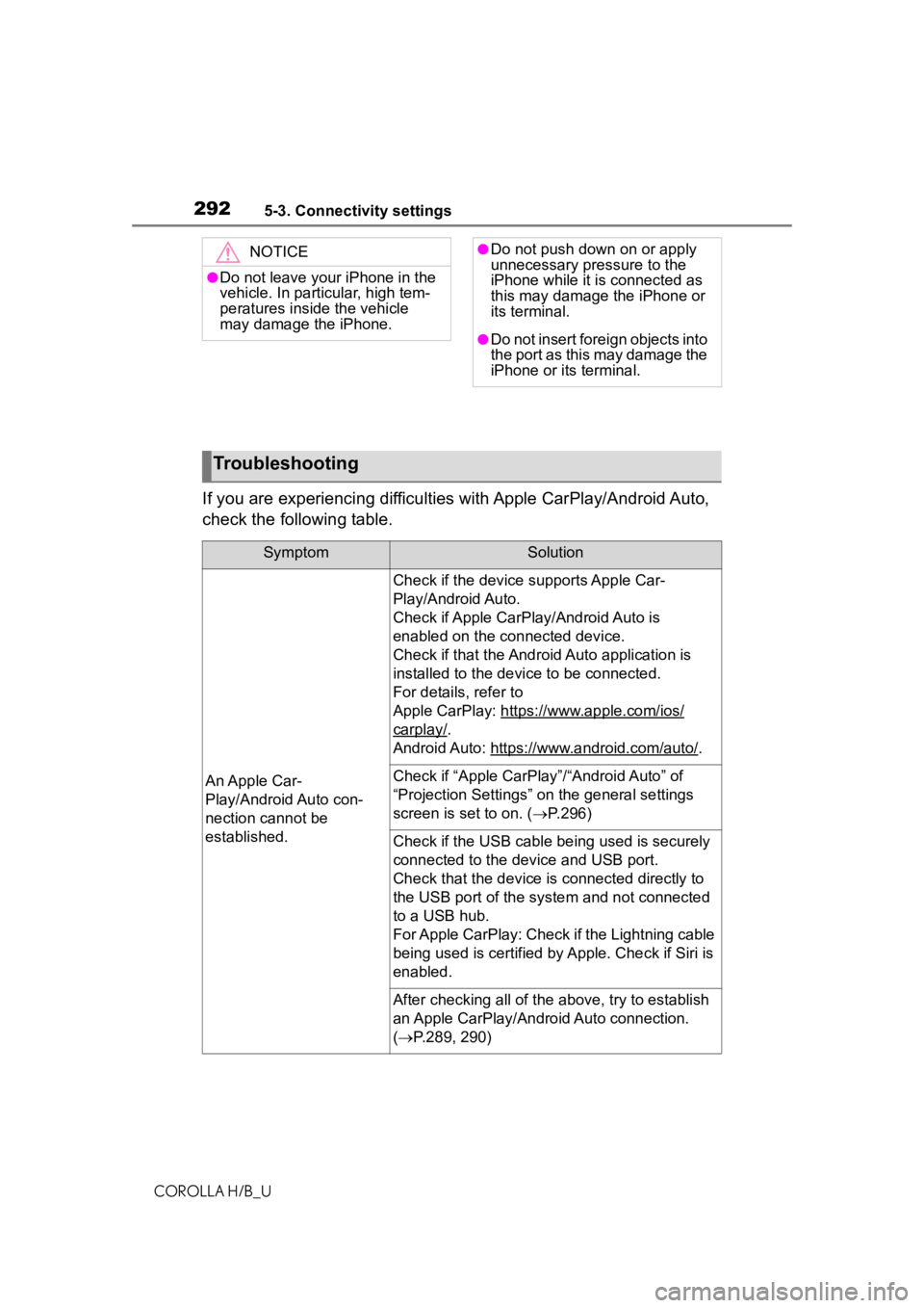 TOYOTA COROLLA HATCHBACK 2021 Owners Manual (in English) 2925-3. Connectivity settings
COROLLA H/B_U
If you are experiencing difficulties with Apple CarPlay/Android Auto,
check the following table.
NOTICE
●Do not leave your iPhone in the
vehicle. In p TOYOTA COROLLA HATCHBACK 2021 Owners Manual (in English) 2925-3. Connectivity settings
COROLLA H/B_U
If you are experiencing difficulties with Apple CarPlay/Android Auto,
check the following table.
NOTICE
●Do not leave your iPhone in the
vehicle. In p