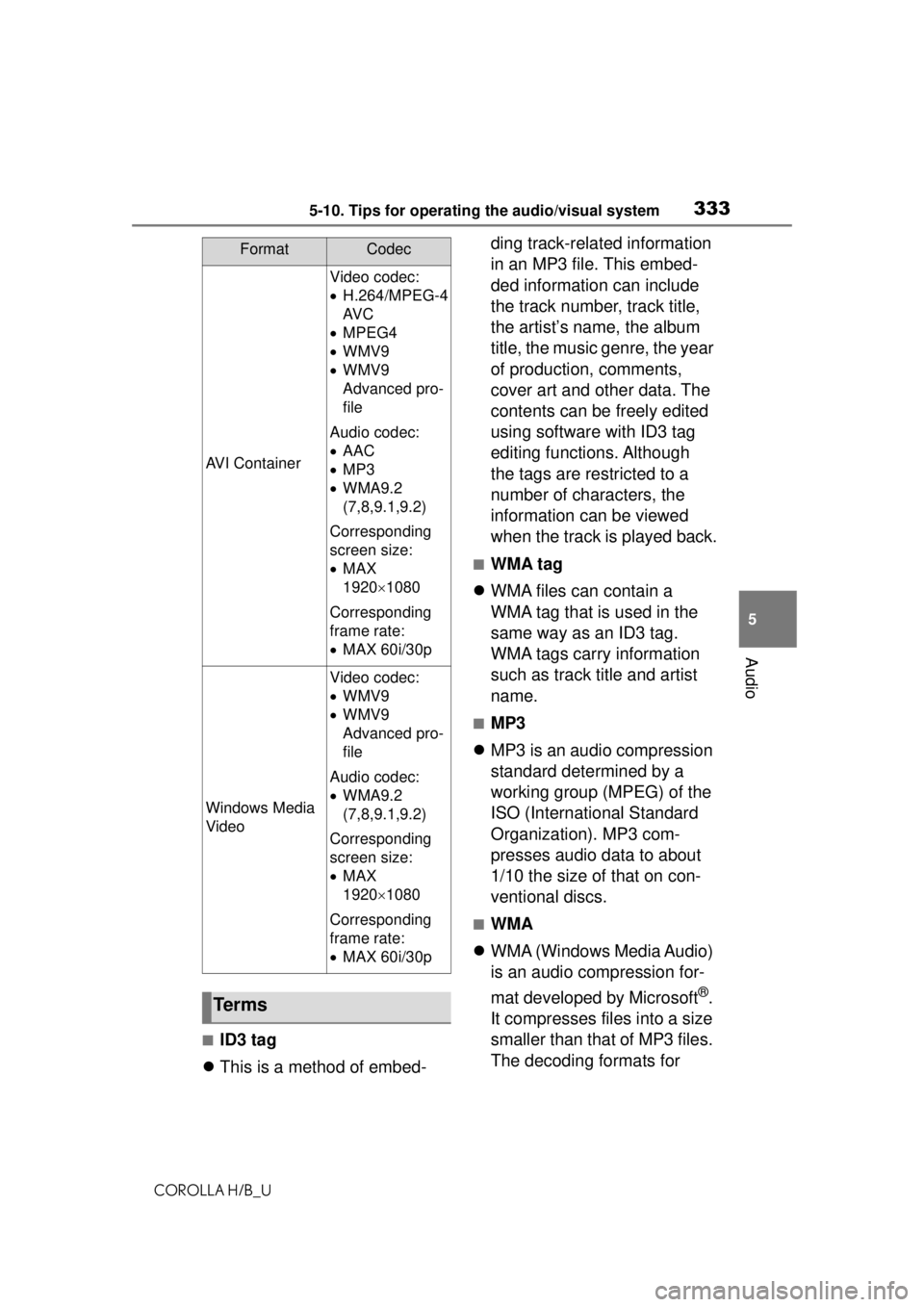 TOYOTA COROLLA HATCHBACK 2021 Owners Manual (in English) 3335-10. Tips for operating the audio/visual system
COROLLA H/B_U
5
Audio
■ID3 tag
This is a method of embed- ding track-related information
in an MP3 file. This embed-
ded information can incl TOYOTA COROLLA HATCHBACK 2021 Owners Manual (in English) 3335-10. Tips for operating the audio/visual system
COROLLA H/B_U
5
Audio
■ID3 tag
This is a method of embed- ding track-related information
in an MP3 file. This embed-
ded information can incl