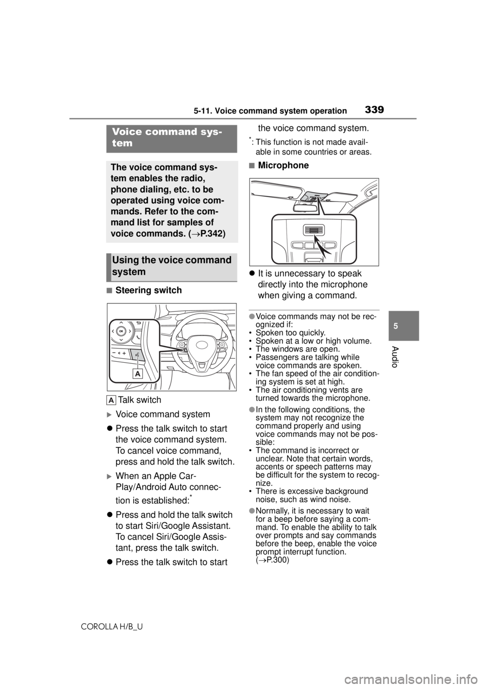 TOYOTA COROLLA HATCHBACK 2021  Owners Manual (in English) 3395-11. Voice command system operation
COROLLA H/B_U
5
Audio
5-11.Voice command system operation
■Steering switch Talk switch
Voice command system
 Press the talk switch to start 
the voice c