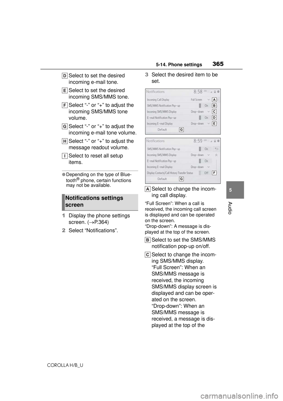 TOYOTA COROLLA HATCHBACK 2021  Owners Manual (in English) 3655-14. Phone settings
COROLLA H/B_U
5
Audio
Select to set the desired 
incoming e-mail tone.
Select to set the desired 
incoming SMS/MMS tone.
Select “-” or “+” to adjust the 
incoming SMS/M