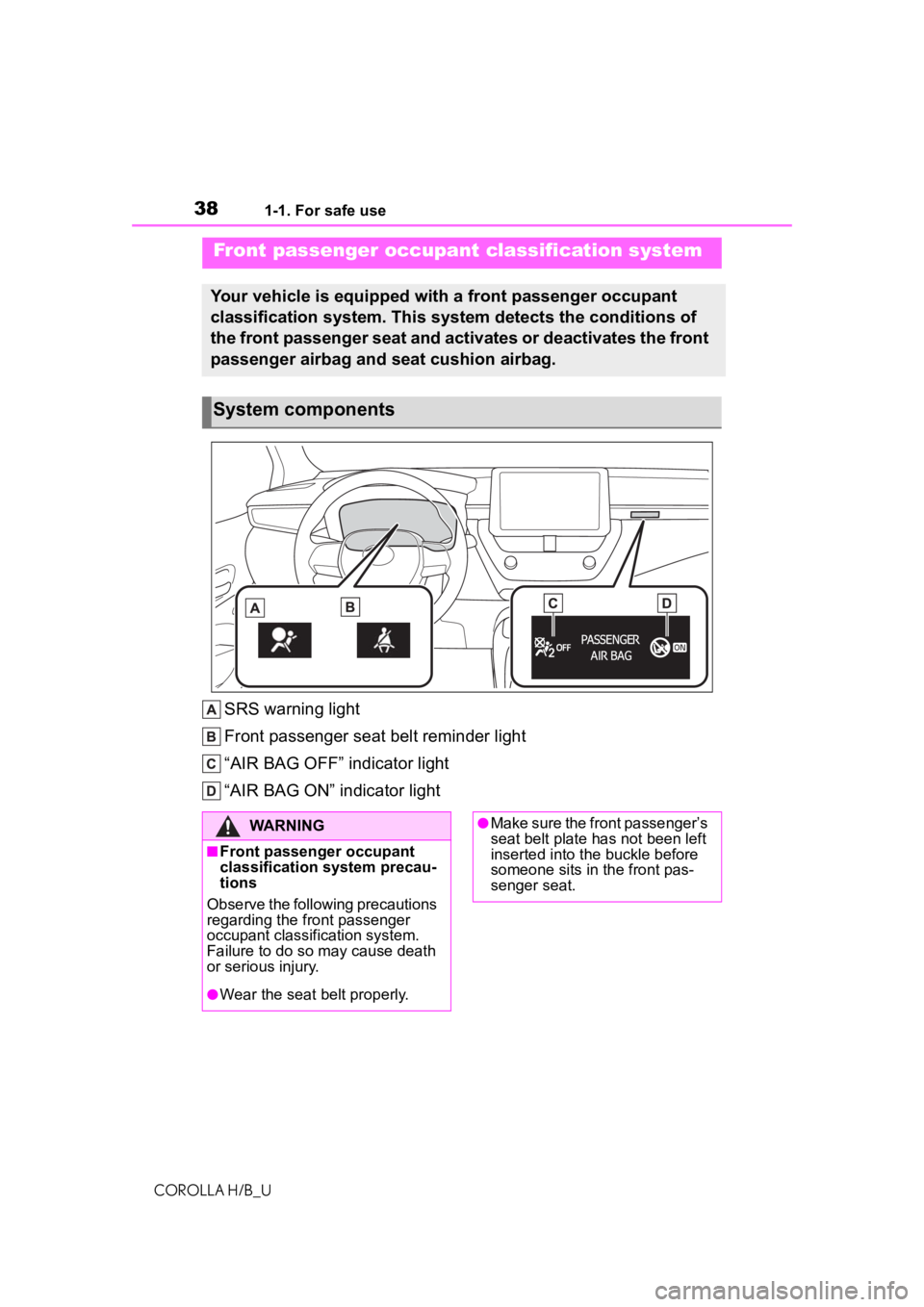 TOYOTA COROLLA HATCHBACK 2021 Owners Manual (in English) 381-1. For safe use
COROLLA H/B_U
SRS warning light
Front passenger seat belt reminder light
“AIR BAG OFF” indicator light
“AIR BAG ON” indicator light
Front passenger occupant classification TOYOTA COROLLA HATCHBACK 2021 Owners Manual (in English) 381-1. For safe use
COROLLA H/B_U
SRS warning light
Front passenger seat belt reminder light
“AIR BAG OFF” indicator light
“AIR BAG ON” indicator light
Front passenger occupant classification