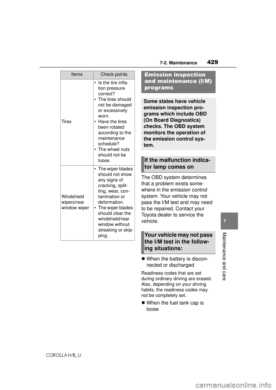 TOYOTA COROLLA HATCHBACK 2021 Owners Manual (in English) 4297-2. Maintenance
COROLLA H/B_U
7
Maintenance and care
The OBD system determines
that a problem exists some-
where in the emission control
system. Your vehicle may not
pass the I/M test and may n TOYOTA COROLLA HATCHBACK 2021 Owners Manual (in English) 4297-2. Maintenance
COROLLA H/B_U
7
Maintenance and care
The OBD system determines
that a problem exists some-
where in the emission control
system. Your vehicle may not
pass the I/M test and may n