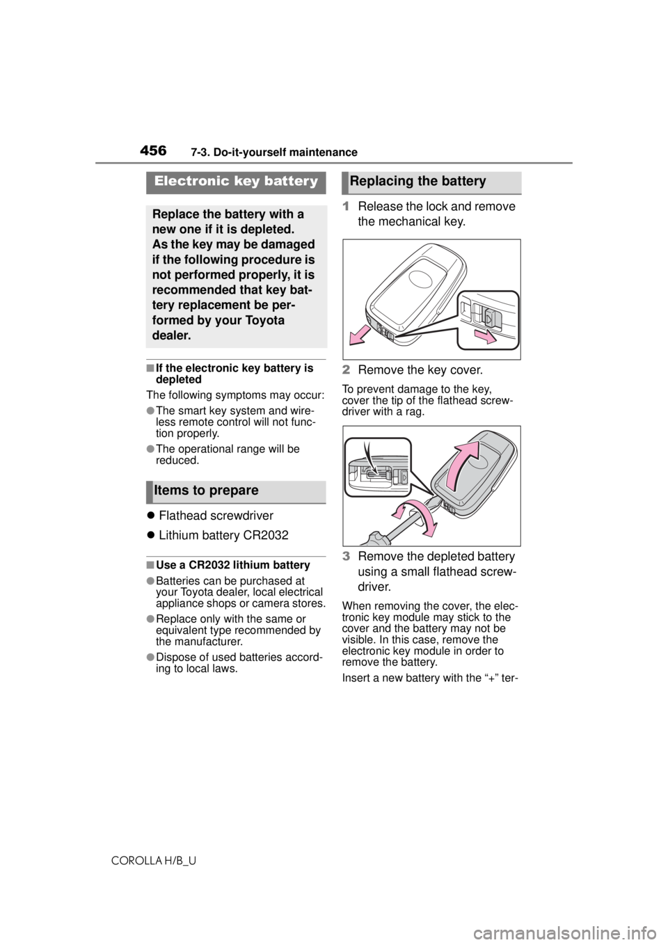 TOYOTA COROLLA HATCHBACK 2021 Owners Manual (in English) 4567-3. Do-it-yourself maintenance
COROLLA H/B_U
■If the electronic key battery is
depleted
The following symptoms may occur:
●The smart key system and wire-
less remote control will not func-
ti TOYOTA COROLLA HATCHBACK 2021 Owners Manual (in English) 4567-3. Do-it-yourself maintenance
COROLLA H/B_U
■If the electronic key battery is
depleted
The following symptoms may occur:
●The smart key system and wire-
less remote control will not func-
ti