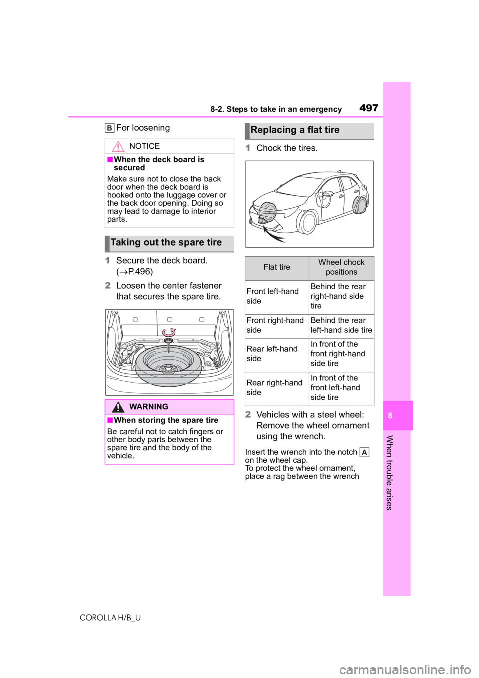 TOYOTA COROLLA HATCHBACK 2021  Owners Manual (in English) 4978-2. Steps to take in an emergency
COROLLA H/B_U
8
When trouble arises
For loosening
1 Secure the deck board. 
( P.496)
2 Loosen the center fastener 
that secures the spare tire. 1
Chock the tir