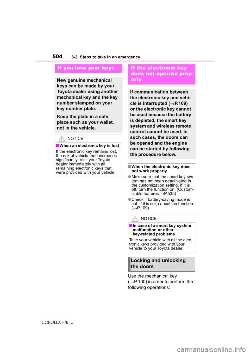 TOYOTA COROLLA HATCHBACK 2021  Owners Manual (in English) 5048-2. Steps to take in an emergency
COROLLA H/B_U
■When the electronic key does 
not work properly
●Make sure that the smart key sys-
tem has not been deactivated in 
the customization setting. 